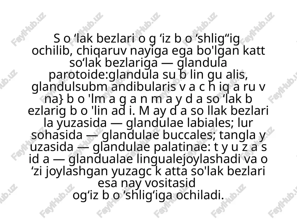 poz sialadenit va boshkalar kiradi. surunkali yalliglanni kasalliklari esa parenximatoz va interstitsial sialodenitlar va snalodoxitga aratiladi. bundan tashqari sulak bezlarida sulak tosh kaslligi xam uchrab turadi. shu bilan birga sulak bezlarida reaktiv-distrofik tabiatga ega patologik jaryonlar xam uchraydi. bu kasalliklarga gipo va gipersalivatsiya. mikulich kasalligi va sindromi, shegren kasalligi va sindromi kiradi utkir infektsion kasallik bulib, katta sulak bezlarining yalliglanishi bilan xarakterlanadi. odatda, kulok oldi sulak bezi zararlanadi, kam xollarda - pastki jag osti (2.1 %) va til osti (4.9 %) sulak bezlarida kuzatiladi. epidemik parotit kuprok sovuk va past xapopat kuzatiladigan regionlarda uchraydi. bu kasallik bilan asosan bolalar aziyat chekishadi.kasallikni kuzgatuvchisi filtrlanuvchi virus xisoblanadi.. kasallik asosan bemorlardan soglom insonga xavo tomchi yuli orkali, bazan bemor tekgan biron bir jixozlar orkali kam yuqishi mumkin viruslar 3 yakun mobaynida kulok oldi sulak bezlarida aniklanishi mumkin. kasallikning 6-7 kunlarida antitelalar xosil buladi. inson tanasidan viruslar sulak orkali ajraladi. epidemik parotitning inkubatsion davri …