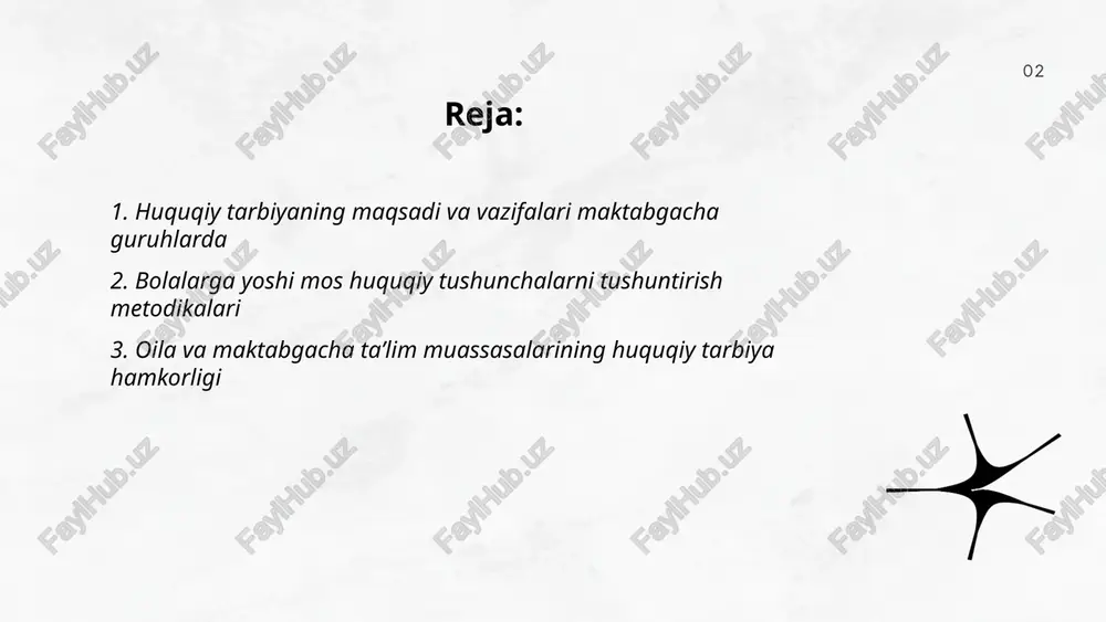 oli holatlarni tezkor ma'lumot almashinuvi va ijtimoiy xizmatlarga yo'naltirish; 5) hamkorlik natijalari monitoringi va baholash. ... t.me/slaydai_bot bolalarning asosiy huquqlari: taʼlim, sogʻliq, himoya mazmuni — yoshga mos huquqiy tushunchalar, taʼlim olish imkoniyati, sogʻlom ovqat va tibbiy yordamga kirish, xavfsizligi va oilada himoya. tarbiyaviy mazmun: huquq va burchlarni o‘rgatish, favqulodda vaziyatlarda xulq, sog‘lom turmush tarzi, diskriminatsiyaga qarshi g‘oyalar. shakllar: didaktik o‘yinlar, rolli mashqlar, hikoya va multfilmlar, suhbat va guvohlik sahnalari, ko‘rgazmali materiallar, ota-ona bilan hamkorlik, sog‘liqni saqlash mutaxassislari bilan uchrashuvlar, xavfsizlik mashg‘ulotlari. ... t.me/slaydai_bot mehnat va majburiyat tushunchalarini shakllantirish maqsadi: bolalarda mehnatga hurmat, mas'uliyat va huquqiy ongni rivojlantirish. vazifalar: kundalik mehnat ko'nikmalarini o'rgatish, vazifa va majburiyatlarni bajarishga odatlantirish, xavfsizlik va mas'uliyat chegaralarini tushuntirish. usullar: o'yinlar, amaliy mehnat mashg'ulotlari, rolli o'yinlar, namunaviy xatti-harakat va tarbiyaviy suhbatlar. faoliyat: guruhiy loyihalar, atrofni tozalash, materiallarni joyiga qo'yish, vazifalarni navbat bilan bajarish. kutilgan natija: o'zini-o'zi boshqarish, mehnatga munosabatni ijobiy baholash, huquqiy majburiyatni anglash. ... t.me/slaydai_bot bolalarda …
