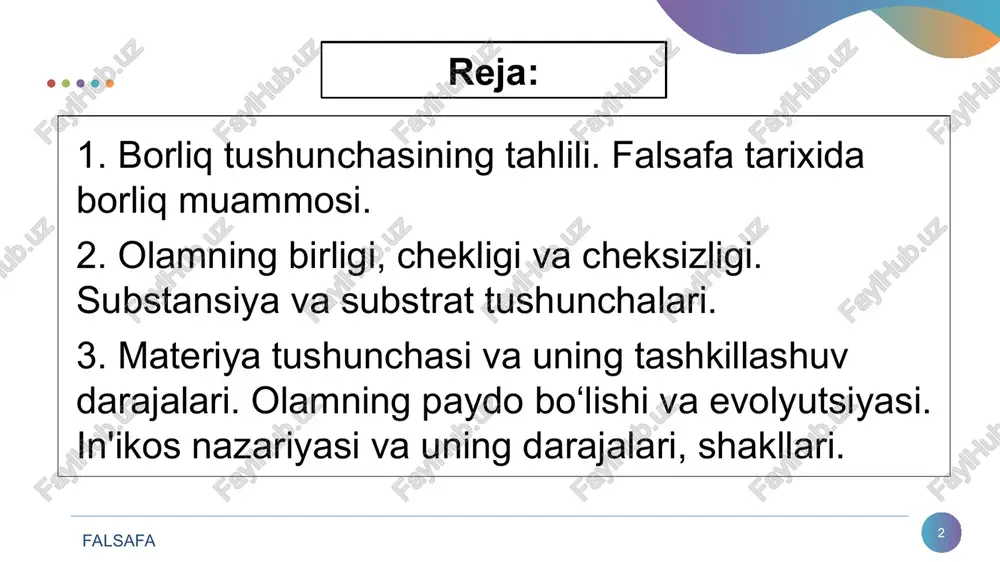 * «borliqni kim yaratgani» haqida gapirib berish «borliqning nimaligi, u qayerdan paydo bo‘lgani va qayerga yo‘qolishini» oqilona tushuntirish borliqqa munosabatning xilma-xilligi mifologiyaning bosh maqsadi falsafaning bosh maqsadi falsafa * falsafa tarixida borliq muammosi borliq kategoriyasi falsafa paydo bo‘lishi bilan shakllangan va izchil nazariy qiziqish predmetiga aylangan, dunyo haqida odamlar ancha oldinroq fikr yurita boshlaganlar borliq muammosini falsafiy anglab yetishga ilk urinishlar miloddan avvalgi birinchi ming yilliklarda vujudga kelgan qadimgi hind va xitoy falsafiy qarashlarida kuzatiladi. borliq haqidagi qarashlar ayniqsa yunon falsafasida rivojlandi. * falsafa * * yunon olimlarining fikricha borliq falesning fikricha borliqning asosini suv tashkil qiladi pifagor fikriga ko’ra borliq asosini sonlar tashkil etadi parmenid birinchi bo‘lib borliqni kategoriya sifatida tavsiflaydi anaksimen fikriga ko‘ra hamma narsani havo boshqaradi demokrit va levkipp atomlarni muayyan modda sifatida tavsiflaydi suqrot fikriga ko’ra borliq bilimdan iborat geraklit fikricha olov borliqning asosi aflotun nafaqat moddiy, balki ideal narsalar ham borliqqa ega ekanligini ta’kidlagan. falsafa …