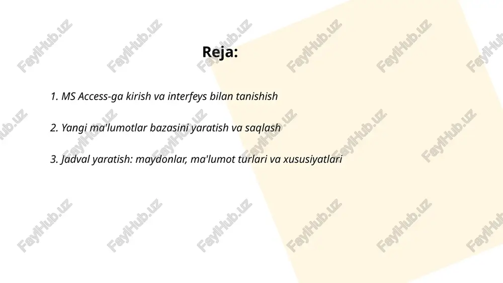 ob aniqlaydi; u null bo‘lmasligi va takrorlanmasligi kerak. ms access avtomatik indeks yaratishi yoki qo‘lda indeks qo‘yish mumkin. indekslar qidiruv, tartiblash va bog‘lanishlarni tezlashtiradi, ammo yozuv qo‘shish va yangilashda vaqt va joy xarajatini oshiradi. optimal dizayn uchun kerakli ustunlarga indekslar qo‘yish, ortiqcha indekslarni olib tashlash va normalizatsiya qilish tavsiya etiladi. sifatli so‘rovlar va parametrli indekslar performansni yaxshilaydi. ... t.me/slaydai_bot ma'lumotlarni normalizatsiya qilish maqsadi: redundansni kamaytirish, inkonsistentlikni oldini olish va ma'lumotlar yaxlitligini ta'minlash. bosqichlar: 1nf (takrorlanuvchi guruhlarni olib tashlash), 2nf (qisman funksional bog'liqlikni yo'qotish), 3nf (transitiv bog'liqlikni yo'qotish), bcnf (qattiq funktsional bog'liqlik). jadval dizayni jarayoni: ob'ektlarni aniqlash, atributlarni belgilash, asosiy kalit(primary key) tanlash, ma'lumot tiplari, maydon hajmi, indekslar, tekshiruv qoidalari, cheklovlar va referensial yaxlitlikni o'rnatish. ... t.me/slaydai_bot jadval orasidagi munosabatlar ms accessda asosiy va chet kalitlar orqali belgilanadi. munosabat turlari: birga-ko‘p, birga-bir va ko‘pga-ko‘p (ko‘pga-ko‘pda bog‘lovchi jadval qo‘shiladi). referential yaxlitlikni yoqish ma'lumotlarni mosligini ta'minlaydi. cascade update va cascade delete parametrlar o‘zi …