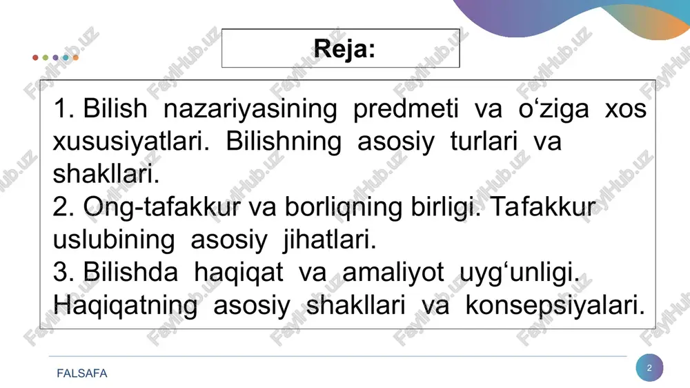 – g‘oyibona bilish, qalban bilish, ichki tuyg‘u bilish shakllari hissiy bilish –insonning sezgi organlari yordamida narsa - hodisalarning tashqi xususiyatlarini bilishdir bilish darajalari hissiy bilish quyi darajasi aqliy bilish yuqori darajasi intuitiv bilish oliy darajasi falsafa * hissiy bilishning quyidagi shakllari mavjud: sezgi aqliy bilishning quyidagi shakllari mavjud: hissiy idrok tasavvur, xotira tushuncha hukm xulosa falsafa * ilmiy bilish oddiy (kundalik) bilishdan farqlanib, u borliqdagi predmet va hodisalarning qonuniyatlarini, ularning mohiyatini bilishdir. fanda ilmiy tadqiqotlar va ilmiy izlanishlar olib borish asosida, muayyan usullar va yo‘llar yordamida amalga oshiriladi. falsafa * ilmiy bilish darajalari va usullari empirik darajasiga xos usullar kuzatish o‘lchash taqqoslash mavhumlik va aniqlik aksiomatik tarixiylik mantiqiylik analiz va sintez induksiya va deduksiya analogiya modellashtirish ilmiy tajriba (eksperement) nazariy darajasiga xos usullar ikki darajasiga ham xos usullar falsafa * inʼikosning oliy shakli, inson miyasining funktsiyasi bo‘lib, uning vazifasi voqelikni aks ettirishdan iborat. o‘zaro aloqada bo‘lgan turli unsur (element)lardan tashkil …