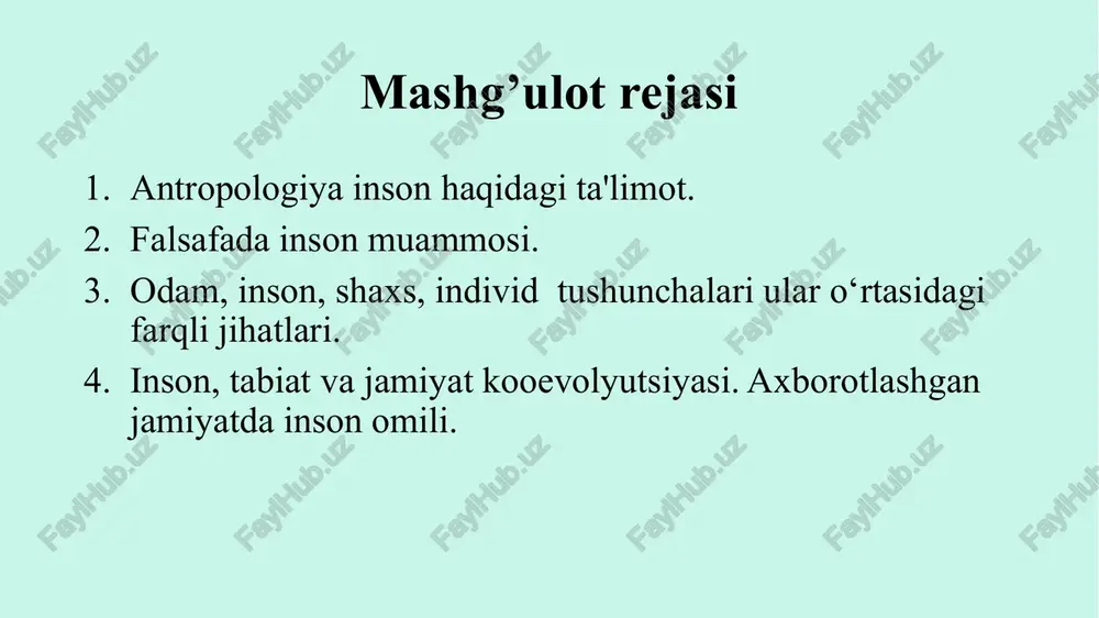 axs sifatida namoyon bo‘lishini ta’minlaydi. odam bolasining shaxs sifatida rivojlanishini, uning har tomonlama kamolga yetishi uchun pedagogika fani shaxs rivojlanishining umumiy qonuniyatlarini, unga ta’sir etadigan oinillarni, rivojlanish jarayoniga aloqador bosqichlarni aniqlashi kerak. individ… «individ» lotincha «individium» so‘zidan kelib chiqqan bo‘lib, «boiinmas», «alohida», yagona» ma’nolarini anglatadi. individ bilogik turga kiruvchi alohida tirik mavjudotdir.shaxsning shakilanishida harakat o‘ziga xos omil sanaladi. go‘dak (chaqaloq) ham turli harakatlarni bajaradi. biroq, bu harakatlar keyinchalik reflekslar bo‘iib, ongli ravishda emas, balki shartsiz va shartli qo‘zg‘atuvchilarga javob tarzida yuz beradi. go‘dakda nutqning hosil bo’lishi, shuningdek, uning tomonidan tashkil etilayotgan harakatlar ongli ravishda sodir bo‘la boshlashi va albatta, ijtimoiy munosabatlar jarayonidagi ishtirokining ro‘y berishi shaxs hakllanishining dastlabki bosqichi hisoblanadi. shaxs deganda, muayyan jamiyatning a’zosi tushuniladi. inson… inson – o’zida biologik, ijtimoiy va psixik xususiyatlarni mujassamlashtirgan ongli mavjudot. inson tarixning yaratuvchisi sifatida tabiat taraqqiyotidagi uzluksizlikni ta`minlaydi. u o‘z bilimi, tajribasi va yutuqlarini kelgusi avlodlarga meros qilib qoldiradi; tabiat va jamiyatni …