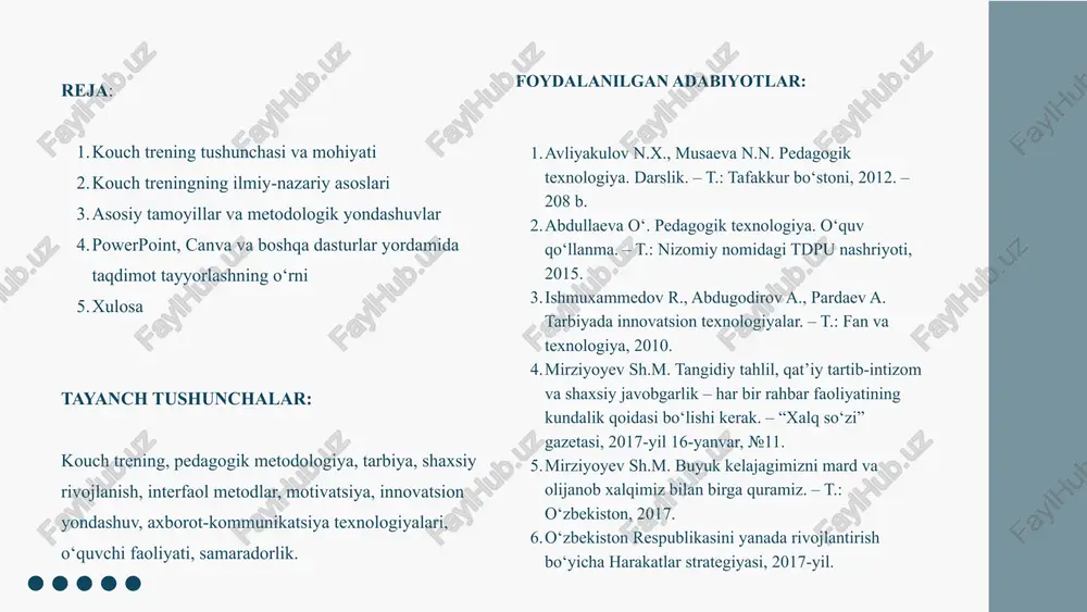 ning o‘quvchi yoki talabaning ichki salohiyatini ochish, o‘z imkoniyatlarini anglash, aniq maqsad qo‘yish va unga mustaqil ravishda erishish jarayonini o‘rgatadi. bu metod shaxsni “o‘qitish”dan ko‘ra “rivojlantirish”ga yo‘naltirilgan bo‘lib, unda o‘qituvchi – yo‘l ko‘rsatuvchi, talaba esa – o‘z maqsadining egasi sifatida qatnashadi. prezident shavkat mirziyoyevning “tahlil, qat’iy tartib-intizom va shaxsiy javobgarlik – har bir rahbar faoliyatining kundalik qoidasi bo‘lishi kerak” degan so‘zlari ham aslida kouch trening metodologiyasining mohiyatiga juda mos tushadi. chunki kouch yondashuvida inson o‘z hayoti va rivoji uchun javobgarlikni o‘z zimmasiga oladi, o‘z xatti-harakatlarini tahlil qiladi va natija uchun shaxsiy mas’uliyat sezadi. kirish kouch trening tushunchasi va mohiyati kouch trening — bu shaxsning shaxsiy, kasbiy va ijtimoiy rivojlanishini qo‘llab-quvvatlashga qaratilgan zamonaviy pedagogik va psixologik faoliyat shaklidir. u o‘quvchi yoki ishtirokchining ichki imkoniyatlarini ochish, maqsadlarni aniq belgilash va ularga erishish uchun o‘z-o‘zini boshqarish, motivatsiya va refleksiya ko‘nikmalarini shakllantirishga xizmat qiladi. kouch treningning mohiyati shundaki, u o‘qituvchi (trener) va o‘quvchi (klient, …