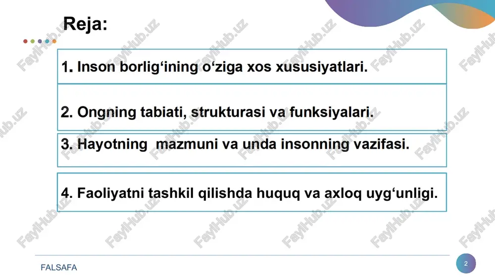 akat – shaxsning ma’naviy o‘zlikni anglash natijasi qilmish – shaxs faolligini namoyon bo‘lish shakli faoliyatni sotsiologik jihatdan tavsiflash falsafa faoliyatni tartibga solish mexanizmlari * huquq – davlat tomonidan belgilangan va uning majburlov kuchiga tayanadigan xulq-atvor umumiy normalarining majmui. axloq ham jamoatchilik fikri, ya’ni qilmishni ma’qullash yoki qoralash bilan mustahkamlanadigan xulq-atvor qoidalari majmuidir xulq-atvor – odatlar va an’analarning ijtimoiy-madaniy me’yorlari, qoidalarining mavjudligi va rivojlanishi inson faoliyatini tartibga solish omili hisoblanadi falsafa * 1. falsafa. axmedova m. “tahriri ostida”. -t.: o‘fmj, 2006. 2. falsafa. mamashokirov s. “tahriri ostida”. - t.: sharq, 2005. 3. shermuxamedova n.a. falsafa.-t.: noshir, 2012. -1207 b. 4. shermuxamedova n.a. inson falsafasi.-t.: noshir, 2017. 460-b. 5. g.tulenova, d.sagdullayeva. falsafa (o‘quv qo‘llanma ). - t.: “aloqachi”, 2019. internet saytlari: 1. www. ziyo net.uz 2. www. faylasuf.uz foydalanilgan adabiyotlar ro‘yxati: falsafa * muhammad al-xorazmiy nomidagi toshkent axborot texnologiyalari universiteti e’tiboringiz uchun rahmat! abdullayeva ziyoda nabiyevna gumanitar fanlar kafedrasi katta o‘qituvchisi *