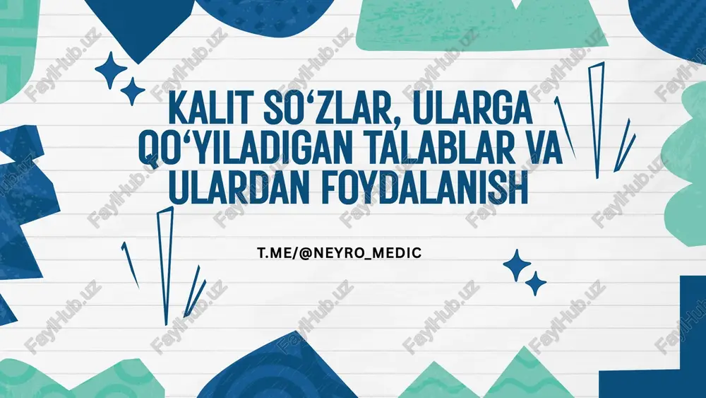 ni yoki mavzusini aniq ifodalashi zarur. umumiy va noaniq so‘zlardan (masalan, “ilm”, “sog‘liq”) qochish kerak, chunki ular qidiruv tizimlarida juda ko‘p natijalar chiqarishi mumkin, va maqola topilmasligi mumkin. masalan: • yaxshi kalit so‘z: “yurak-qon tomir kasalliklari” • yomon kalit so‘z: “sog‘liq” 2. moslik kalit so‘zlar maqolada o‘rganilayotgan muammo, metodologiya yoki mavzuga to‘liq mos bo‘lishi kerak. ular maqola mavzusiga to‘g‘ri kelishi va uning mazmuni bilan mutanosib bo‘lishi zarur. masalan: • agar maqola yurak kasalliklari haqida bo‘lsa, kalit so‘zlar “kardio” yoki “yurak-qon tomir kasalliklari” bo‘lishi kerak. 3. sintaksis va grammatika talablariga moslik kalit so‘zlar to‘g‘ri grammatika va sintaksisga mos ravishda qurilishi kerak. ular har doim aniq va to‘g‘ri yozilgan bo‘lishi lozim. masalan, to‘g‘ri yozilgan so‘zlar o‘quvchiga ham, qidiruv tizimiga ham aniq ma’lumot beradi. masalan: • yaxshi kalit so‘z: “yurak xastaliklari va genetik omillar” • yomon kalit so‘z: “yurak xastaliklari, genetika” 4. ko‘p ma’noli so‘zlardan saqlanish kalit so‘zlar ko‘p ma’noli bo‘lmasligi kerak. bir …