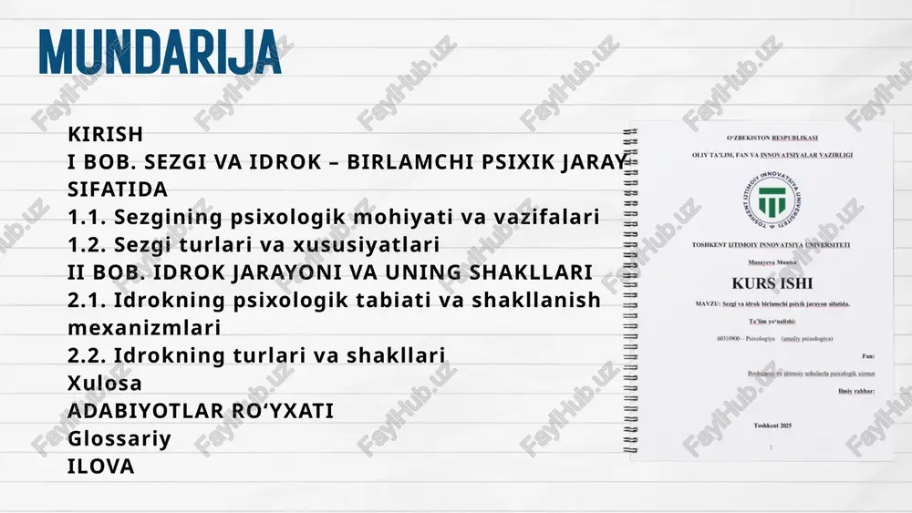 lokk (xvii asr) inson ongi tug‘ilganda “tabula rasa” – bo‘sh daftar bo‘ladi, degan. barcha bilimlar tajriba orqali, ayniqsa sezgi vositasida shakllanadi. sezgi va idrok bilish jarayonining boshlanish nuqtasi hisoblanadi. 4. jorj berkli (xviii asr) “haqiqat – bu sezilayotgan narsa” deb hisoblagan. uningcha, borliq faqat idrok orqali mavjud. shuning uchun ham barcha bilimlar faqat sezgi orqali olinadi, deb ta’kidlagan. 5. devid yum (xviii asr) bilim manbai sifatida tajribani ustun qo‘ygan. uningcha, inson tafakkuridagi barcha g‘oyalar sezgi orqali orttirilgan taassurotlarning qayta ishlangan shaklidir. sabab va natija tushunchasi ham oddiy odatga asoslanadi. 6. immanuil kant (xviii asr) sezgi axborotni beradi, lekin uni tartibga solish va tushunish tafakkur orqali amalga oshadi. bilim insonning tashqi dunyoni ichki aqliy kategoriyalar orqali idrok etishi natijasida hosil bo‘ladi. kurs ishining o‘rganilganlik darajasi kurs ishi vazifalari 1. sezgi va idrok tushunchalarining nazariy asoslarini tahlil qilish. psixologiya fanida sezgi va idrok tushunchalarining tarixiy shakllanishi, ularning falsafiy va ilmiy asoslari hamda …