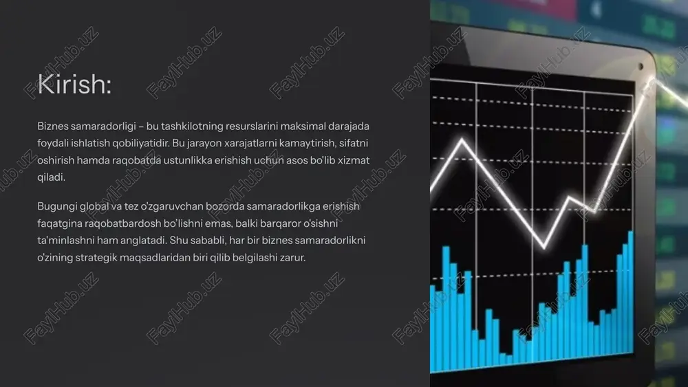 r tahlil qilib, samaradorlikni oshirish va strategik qarorlar qabul qilish uchun asos yaratadi. xodimlarni rivojlantirish va motivatsiya ta'lim dasturlari kompetensiyalarni oshirish uchun doimiy malaka oshirish va treninlar tashkil qilinadi. motivatsiya rag'batlantirish tizimlari ishchi samaradorligini oshiradi va jamoaviy ruhni mustahkamlaydi. hamkorlik jamoaviy ishni rivojlantirish orqali ijodiy fikrlar almashinuvi va samarali yechimlar topiladi. ta'minot zanjirini boshqarish ta'minotchilar bilan aloqalar barqaror hamkorlik va aniq shartnomalar orqali samarali ta'minot zanjiri tashkil etiladi. inventarizatsiya boshqaruvi ombordagi mahsulotlarni aniq monitoring qilish va optimal zahiralarni saqlash xarajatlarni kamaytiradi. logistika xarajatlari transport va yetkazib berish tizimlarini optimallashtirish orqali xarajatlar va vaqt samaradorligi oshiriladi. marketing va sotuvni kuchaytirish 1 raqamli marketing onlayn reklama, ijtimoiy tarmoqlar va seo orqali kengroq auditoriyani jalb qilish. 2 crm tizimlari mijozlar bilan munosabatlarni samarali boshqarish va sotuv jarayonlarini optimallashtirish. 3 sotuv jarayonlari yangi texnologiyalar va jamoaviy ish orqali ko'proq natijalarga erishish. xarajatlarni kamaytirish strategiyalari energiyani tejash yoritish va qurilmalarda energiya samaradorligi texnologiyalarini qo’llash orqali …