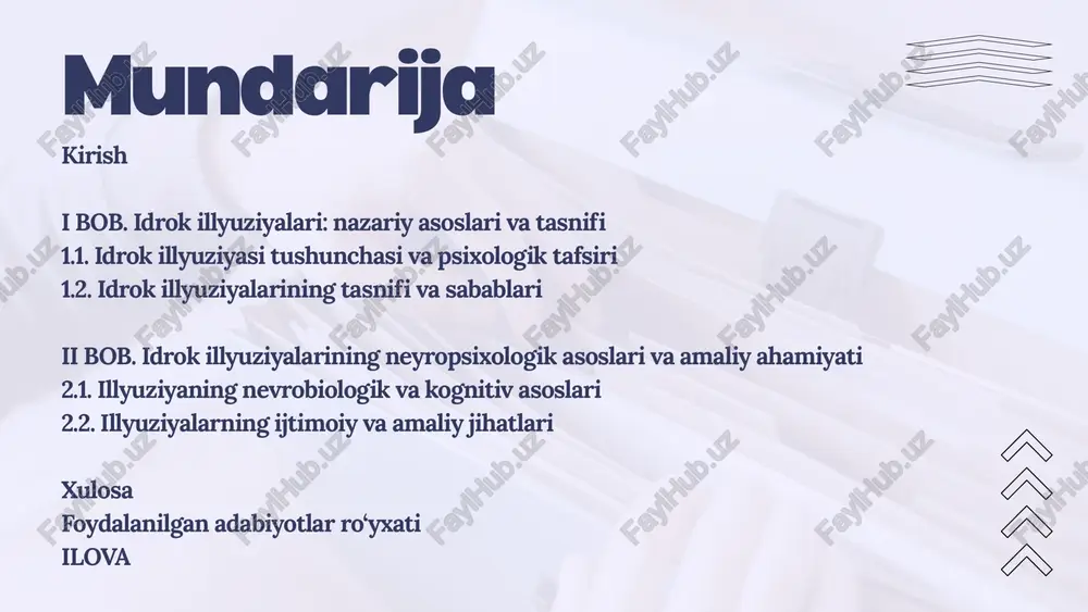 tiv vosita sifatida qo‘llanilishi ushbu hodisani chuqur o‘rganishni taqozo etmoqda. shuningdek, idrok illyuziyalari psixiatriya, nevrologiya va neyropsixologiya fanlari nuqtai nazaridan ham muhim ahamiyat kasb etadi. jumladan, shizofreniya, demensiya, autizm spektri buzilishlari va post-travmatik stress sindromi kabi psixik holatlarda idrok jarayonining buzilishi kuzatiladi va bu buzilishlar diagnostika va terapevtik yondashuvlar uchun muhim ko‘rsatkich hisoblanadi. illyuziyalar va boshqa idrokka oid buzilishlar ushbu holatlarning erta aniqlanishi va davolash strategiyalarini ishlab chiqishda muhim ahamiyatga ega. mavzuning o‘rganilganlik darajasi • aristotel – sezgi a’zolari ba’zida aldovga sabab bo‘lishini aytgan, idrokning obyektiv haqiqatni to‘liq aks ettirmasligini ta’kidlagan. • platon – “g‘or alegoriyasi” orqali idrok va real voqelik o‘rtasidagi tafovutni falsafiy yondashuvda izohlagan. • rene dekart – idrokni tafakkur bilan bog‘lagan; hissiy sezgilar ba’zida haqiqatni noto‘g‘ri talqin qilishini ilgari surgan. • immanuil kant – tashqi olam haqidagi tasavvurlar inson tajribasi va ong orqali shakllanishini asoslagan, subyektiv idrokga urg‘u bergan. mavzuning o‘rganilganlik darajasi 3. xix – xx asr …