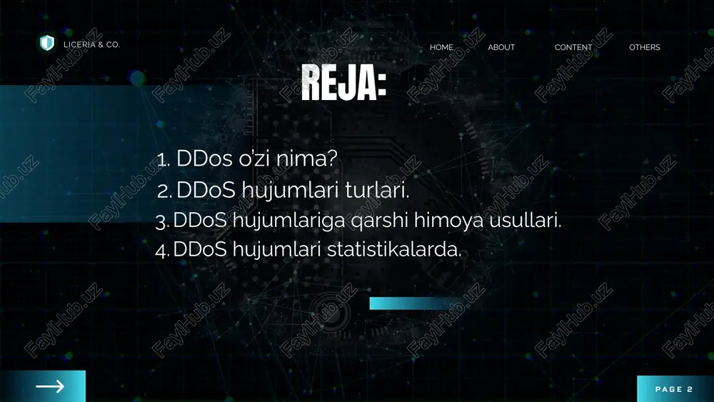 i. liceria & co. content others home about page 3 asosiy xususiyatlari ddos hujumlarining maqsadi — tarmoq yoki server resurslarini to‘ldirib, xizmatni ishlamay qolishiga olib kelish. bu juda ko‘p tarmoq so‘rovlarini yuborish orqali amalga oshiriladi, shunda server yoki tizim o‘z resurslarini sarflab, haqiqiy foydalanuvchilar uchun xizmatni taqdim eta olmaydi. 1. tarmoq resurslarini to’ldirish ddos hujumlarini amalga oshirish uchun zararlangan qurilmalar (botlar)dan foydalaniladi. bu qurilmalar odatda botnet (zararlangan kompyuterlar tarmog‘i) orqali boshqariladi. botnetlar qurilmalarni egasining roziligisiz hujum qilish uchun masofadan boshqariladi. 2. botnetlardan foydalanish ddos hujumlarini aniqlash uchun tarmoqni monitor qilish, anomaliyalarga qarshi alarmlar o‘rnatish kerak. hujumga qarshi kurashish uchun ba'zan tarmoqni filtratsiya qilish, yoki maxsus ddos himoya xizmatlaridan (masalan, cloudflare, aws shield) foydalanish kerak bo‘ladi. 3. kuzatish va himoya liceria & co. content others home about page 10 ddos hujumlari turlari volumetric attack (hajmiy hujumlar) — bu ddos hujumlarining eng keng tarqalgan turidir. ushbu hujumlar ko‘plab so‘rovlarni yuborish orqali tarmoqni …