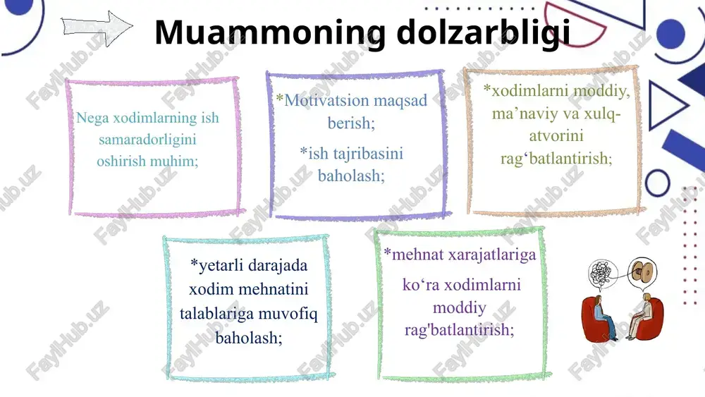 tahlil qilish ish samaradorligi tushunchasini aniqlash mavzuning vazifasi malaka oshirish va o‘qitish: o‘quv kurslari va seminarlar; mentorlik va murabbiylik mukofot tizimi: yaxshi ishlagan xodimlarni; moddiy yoki ma’naviy rag‘batlantirish 1 2 3 yutuqlarni tan olish: xodimlarning muvaffaqiyatlarini; omma oldida e‘tirof etish 4 kommunikatsiyani yaxshilash: ochiq muloqot; feedback tizimi muammo yuzasidan xorijiy tajribalarning oʻrganilganligi *treninglar va professional rivojlanish kurslari tashkil etiladi. *yaxshi ishlagan o‘qituvchilar va xodimlarni moddiy va ma’naviy rag‘batlantirishadi. *mukofotlar joriy etilgan oylik mukofotlar, -yil oxiridagi bonuslar, - maqtov va tan olish kabi usullardan foydalanishadi. *o‘qituvchilar va maktab xodimlari uchun muntazam ravishda o‘quv kurslar majburiy *milliy o‘qituvchilar ko‘nikmalarini rivojlantirish markazi o‘qituvchilarni tayyorlash, rivojlantirish va ularning professional o‘sishini ta’minlash uchun ko‘plab resurslar va dasturlarni taklif etadi. o‘qituvchilarni kerakli o‘quv materiallari, jihozlar va resurslar bilan ta’minlaydi. *maktablar o‘qituvchilarning yuqori lavozimlarga ko‘tarilishiga yordam beruvchi dasturlarni taklif etadi. *o‘qituvchilar uchun muntazam ravishda malaka oshirish kurslari va seminarlar tashkil etiladi. *milliy o‘qituvchilar sertifikatsiyasi: koreyada o‘qituvchilar uchun …