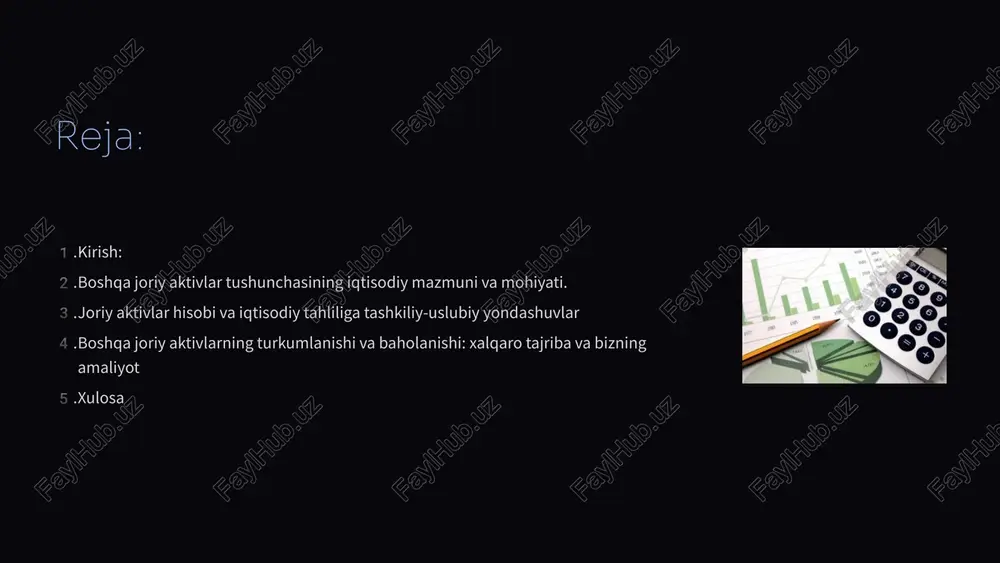 aktivlarning pulga aylanish tezligi va qobiliyati. rejalashtirish xususiyatlari me’yorlashtiriladigan va me’yorlashtirilmaydigan aktivlar. shakllanish manbalari doimiy va vaqtinchalik manbalar bo‘yicha taqsimlanadi. joriy aktivlarning me’yorlari va ularni boshqarish 1 zaxira me’yori tovar moddiy zaxiralari va pul mablag‘lari uchun minimal rejalashtirilgan miqdor. 2 me’yorlashtiriladigan aktivlar aniq hisoblanadigan va nazorat qilinadigan aktivlar. 3 me’yorlashtirilmaydigan aktivlar chegaralanmagan pul mablag‘lari va boshqa aktivlar. boshqa joriy aktivlarning turkumlanishi va baholanishi debitorlar qarzlari mijozlardan olinadigan qarzlar, korxona likvidligiga ta’sir qiladi. tovar zaxiralari operatsion faoliyatni ta’minlaydi, xarajatlarni kamaytirishga yordam beradi. oldindan to‘langan xarajatlar sug‘urta yoki ijara kabi kelajakdagi xizmatlar uchun to‘lovlar. boshqa joriy aktivlar naqd pul ekvivalentlari va qisqa muddatli investitsiyalar. xalqaro tajriba va mahalliy amaliyot baholash usullari hisob-kitob, bozor qiymati va diskontlangan naqd pul oqimlari. innovatsion texnologiyalar raqamli hisob-kitob tizimlari va avtomatlashtirilgan hisobotlar samaradorlikni oshiradi. mahalliy rivojlanish raqamli transformatsiya va zamonaviy boshqaruv usullarini joriy etish zarur. xulosa: boshqa joriy aktivlar hisobi korxonaning moliyaviy sog'ligini saqlash va operatsion samaradorlikni …