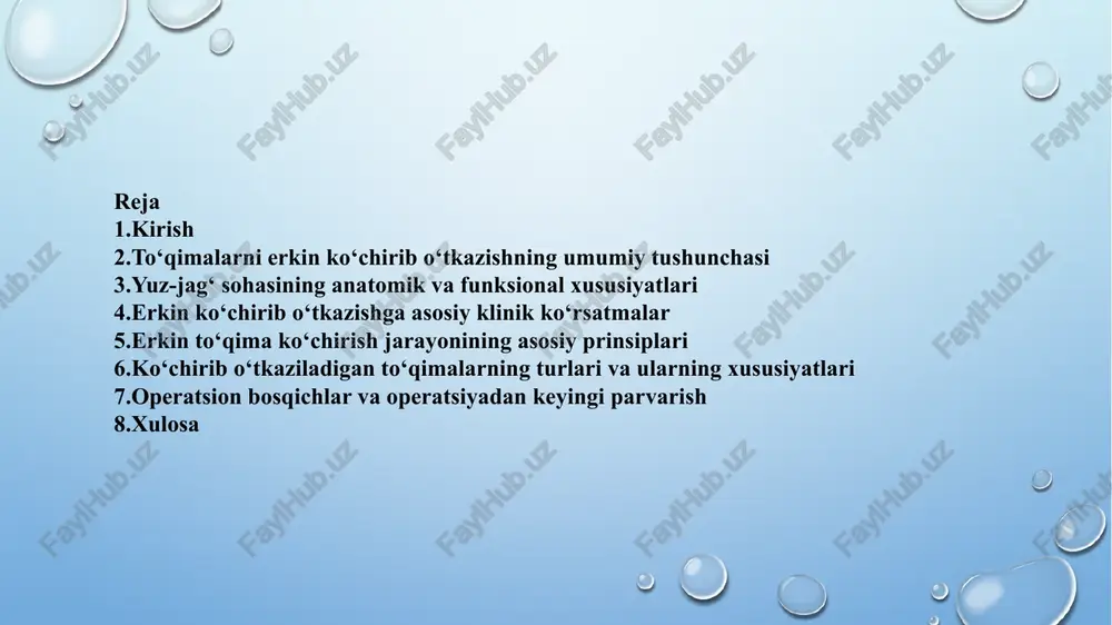 ‘llanilmoqda. bu usul yordamida bemorning o‘z tanasining boshqa qismlaridan olingan teri, mushak, suyak yoki murakkab to‘qima segmentlari yuz-jag‘ sohasidagi nuqsonlarga mikroskop ostida qon tomirlar bilan biriktiriladi. natijada transplantat o‘z qon ta’minotiga ega bo‘lib, hayotiy faoliyatni davom ettiradi. erkin to‘qima ko‘chirishning afzalligi — u yordamida katta hajmdagi defektlarni funksional va estetik jihatdan tiklash imkoniyati yaratiladi. bemorlarning ovqatlanish, so‘zlash, yutish va yuz ifodalarini tiklashdagi natijalar sezilarli darajada yaxshilanadi. shu bois, bugungi kunda rekonstruktiv jarrohlik, xususan, yuz-jag‘ sohasi plastikasida erkin to‘qima transplantatsiyasi eng samarali usullardan biri sifatida tan olingan. shunday qilib, yuz-jag‘ sohasi shikastlanishlarida rekonstruktiv jarrohlik nafaqat tashqi ko‘rinishni, balki hayotiy funksiyalarni ham qayta tiklashga qaratilgan bo‘lib, bemorning hayot sifatini tubdan yaxshilashga xizmat qiladi. to‘qimalarni erkin ko‘chirib o‘tkazish — bu rekonstruktiv jarrohlikda keng qo‘llaniladigan, yuqori aniqlikni talab qiluvchi mikrojarrohlik usulidir. ushbu usulda tananing bir qismidan olingan tirik to‘qima (teri, mushak, suyak, pay, yoki ularning kombinatsiyasi) qon tomirlari bilan birga ajratilib olinadi va boshqa …