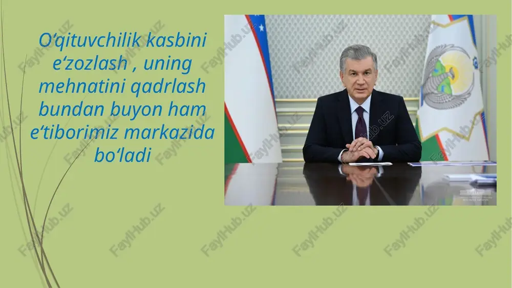 7.03.2024 27.03.2024 metodbirlashmalar faoliyatining samaradorligini oshirishdan ko‘zlangan maqsad ta’lim sifati ortishiga sabab bo’ladi ta’lim sifati ortishiga sabab bo‘ladi jamoada sog‘lom muhitga erishiladi pedagog xodimlarning ish faoliyatiga bo‘lgan mehri uyg’onadi o’qituvchilar bilim salohiyati ortadi metodbirlashma rahbarlari o‘rtasida sog‘lom raqobat muhitni shakllantirish. metodbirlashma faoliyatini media kanallarda oshkora yoritib borish. har chorakda natijasi o’rganiladi va jamoatchilik baholaydi. olingan natijalar asosida har oyda metodbirlashma faoliyati uchun ustama haqlari belgilanadi. xorijiy tajribalar bilan o’rganilganligi o‘zbekistonda har bir fan bo‘yicha bittadan lider tayinlanadi yaponiyada fanlar kesimida metodbirlashma lideri tayinlanadi. sinflar kesimida metodbirlashma lideri tayinlanadi. 27.03.2024 xulosa yaponiya metodidan foydalanilsa maqsadga muvofiq bo‘ladi if you don’t walk today, you must run tomorrow bugun yurishni boshlamasang ertaga yugurishingga to‘g‘ri keladi xulosa qilib aytganda, bugundan vaziyatni o’zgartirmasak kelajakda maqsadga erisha olmaymiz. 27.03.2024 “ ” foydalanilgan adabiyotlar: 1.ta`lim to`g`risidagi o`zbekiston respublikasi qonuni. 2.o‘zbekiston respublikasi maktabgacha va maktab ta`limi vazirligining 2024-yil 5-yanvardagi 5-sonli bayoni 3. "zamonaviy ustoz" gazetasining 2021-yil 1-soni 4. …