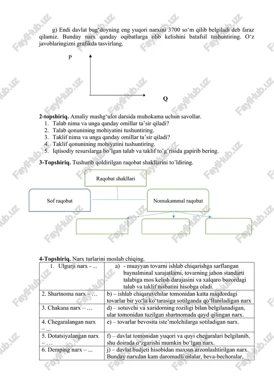 ering; b) shu ma'lumotlardan foydalanib bug‘doyga bo‘lgan talab va taklifning grafik shaklidagi tasvirini bering. muvozanatli narx va muvozanatli miqdorni aniqlang; v) nima uchun 3400 so‘m bu bozorda muvozanatli narx bo‘la olmaydi? 4900 so‘m-chi? g) endi davlat bug‘doyning eng yuqori narxini 3700 so‘m qilib belgiladi deb faraz qilamiz. bunday narx qanday oqibatlarga olib kelishini batafsil tushuntiring. o‘z javoblaringizni grafikda tasvirlang. p q 2-topshiriq. amaliy mashg‘ulot darsida muhokama uchun savollar. 1. talab nima va unga qanday omillar ta’sir qiladi? 2. talab qonunining mohiyatini tushuntiring. 3. taklif nima va unga qanday omillar ta’sir qiladi? 4. taklif qonunining mohiyatini tushuntiring. 5. iqtisodiy resurslarga bo’lgan talab va taklif to’g’risida gapirib bering. 3-topshiriq. tushurib qoldirilgan raqobat shakllarini to’ldiring. sof raqobat raqobat shakllari nomukammal raqobat 4-topshiriq. narx turlarini moslab chiqing. 1. ulgurji narx - ... a) - muayyan tovarni ishlab chiqarishga sarflangan baynalminal xarajatlarni, tovarning jahon standarti talabiga mos kelish darajasini va xalqaro bozordagi talab va taklif …