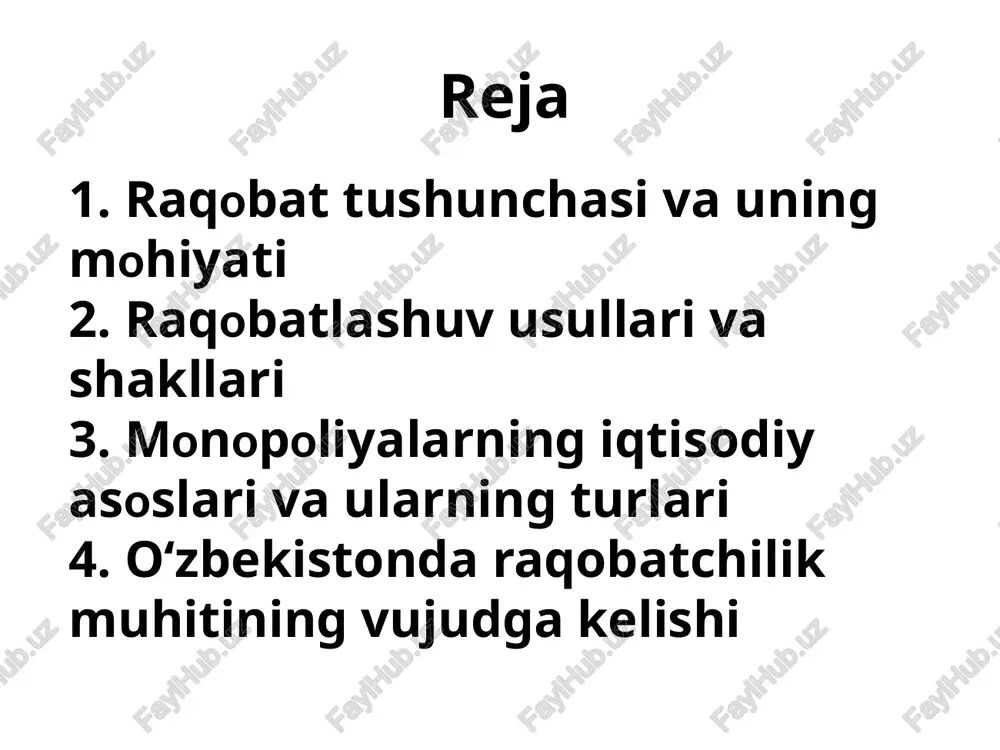 an korxona, hudud va mintaqalarga oqilona joylashtirish imkonini beradi. -innovatsion vazifasi fan-texnika taraqqiyoti yutuqlariga asoslanuvchi hamda bozor iqtisodiyoti sub’ektlarining rivojlanishini taqozo etuvchi turli ko‘rinishdagi yangiliklarning joriy etilishini anglatadi. -moslashtirish vazifasi korxona (firma)larning ichki va tashqi muhit sharoitlariga ratsional tarzda moslashishiga yo‘naltirilgan bo‘lib, ularning shunchaki o‘zini-o‘zi saqlab, iqtisodiy jihatdan yashab qolishidan xo‘jalik faoliyati sohalarining ekspansiyasi (kengayishi)ga o‘tishini bildiradi. -taqsimlash vazifasi ishlab chiqarilgan ne’matlar yalpi hajmi (yalpi ichki mahsulot) ning iste’molchilar o‘rtasida taqsimlanishiga bevosita va bilvosita ta’sir o‘tkazadi. - nazorat qilish vazifasi bozordagi ba’zi ishtirokchilarning boshqa bir ishtirokchilar ustidan monopolistik hukmronlik o‘rnatishiga yo‘l qo‘ymaslikka yo‘naltiriladi. 8 raqobat miqyosiga ko`ra raqobatning turlari tarmoq ichidagi raqobat tarmoq ichidagi raqobat tovar ishlab chiqarish va sotishning qulayroq sharoitga ega bo`lish, qo`shimcha foyda olish uchun bir tarmoq korxonalari o`rtasida boradi. tarmoqlararo raqobat tarmoqlararo raqobat turli tarmoqlar korxonalari o`rtasida eng yuqo`ri foyda normasi olish uchun olib boriladigan kurashdan iborat 9 raqobatning usullari girrom raqobat raqobatlashuvning noan`anaviy, jamiyat tomonidan …
