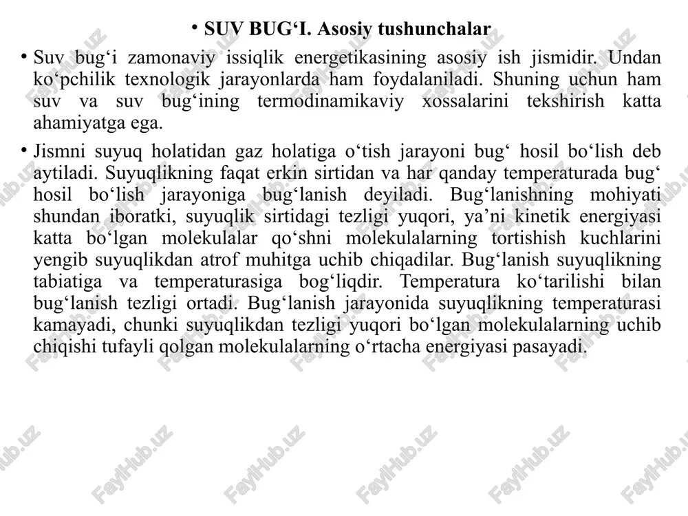 shi natijasida hosil bo‘lgan suyuqlikka kondensat deyiladi. qattiq jismni birdaniga bug‘ holatiga o‘tishi sublimatsiya deyiladi. bug‘ning qattiq holatga o‘tishi esa desublimatsiya deyiladi. suyuqlik sirtidan qancha molekula uchib chiqib gaz holatiga o‘tsa va xuddi shuncha molekula kondensatsiyalanib suyuqlik holatiga qaytsa, bunday hodisa to‘yinish holati deb qabul qilingan, ya’ni bug‘ suv bilan muvozanatda bo‘ladi. suyuqlik bilan dinamik muvozanatdagi bug‘ to‘yingan bug‘ deyiladi. suyuqlikning erkin sirti ustidagi bo‘shliqni to‘yintiradigan bug‘ga nam bug‘ deyiladi. to‘yingan nam bug‘da mayda suv tomchilari bo‘ladi. hosil qilingan nam bug‘ga yana qo‘shimcha issiqlik miqdori uzatilsa, uning tarkibidagi juda mayda suv tomchilari bug‘ holatiga o‘tadi va to‘yingan quruq bug‘ hosil bo‘ladi. nam bug‘dagi quruq to‘yingan bug‘ning massaviy ulushiga bug‘ning quruqlik darajasi deyiladi va x harfi bilan belgilanadi. nam bug‘dagi suyuqlikning massaviy ulushiga namlik darajasi deyiladi va y harfi bilan belgilanadi va y=1-x bo‘lishi tabiiy. to‘yinish temperaturasidagi qaynayotgan suyuqlik uchun x=0, quruq to‘yingan bug‘ uchun esa x=1. demak, quruqlik darajasi 0 …