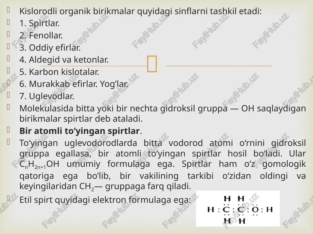 peratura va katalizator — rux xlorid ishtirokida suv ta’sir ettirib olinadi:  sanoatda metanol is gazidan sintez qilib olinadi: sanoatda etil spirt kraxmal (guruch, bug‘doy, kartoshka va hokazo) va kletchatka (o‘rmon xo‘jalik chiqindilari, g‘o‘zapoya) saqlaydigan o‘simlik xomashyolarini bijg’itish yo‘li bilan olinadi: kletchatka saqlaydigan o‘simliklardan olingan etil spirt «gidroliz spirt» deb ataladi, chunki uning tarkibida 0,3 —0,5% gacha metil spirt bo‘ladi. shuning uchun «gidroliz spirt» sintetik kauchuk olishda ishlatiladi.  fizik xossalari. spirtlarning birinchi to‘rt vakili harakatchan suyuqlik bo‘lib o'ziga xos hidga ega. spirtlarning molekular massasi ortishi bilan qaynash temperaturasi ham ortib boradi.  kimyoviy xossalari. spirtlar kislota va asos xossaga ega emas, shuning uchun ularning suvli eritmalari neytral reaksiyaga ega. spirtlarning kimyoviy xossasi molekulani tashkil etgan atom va atomlar gruppasining reaksiyaga kirish xususiyatiga bog’liq.masalan, etil spirt molekulasida reaksiyaga kirishadigan atom va atomlar gruppasini uch gruppaga bo’lish mumkin: 1. gidroksil gruppaning vodorod atomi orqali boradigan reaksiyalar. 2. gidroksil gruppa orqali boradigan …