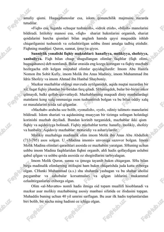 ikki ma�noda qo�llaniladi: «suvga olib boradigan yo�l» va «to�g�ri yo�l». masalan, «so�ngra (ey, muhammad!), biz sizni (diniy) ishdan iborat shariat uzra (barqaror) qildik...» (josiya, 18), oyatida shariat so�zi, «to�g�ri yo�l» ma�nosida kelgan. islom huquqida ulamolar nazdida, qur�on va sunnatda kelgan ilohiy ko�rsatmalar (hukmlar)ning majmuidir. boshqacha qilib aytganda islom dinining amaliy qismi. huquqshunoslar esa, islom qonunchilik majmuini nazarda tutudilar. «fiqh» esa, lug�atda «chuqur tushunish», «idrok etish», «bilish» ma�nolarini bildiradi. istilohiy ma�nosi esa, «fiqh» � shariat hukmlarini o�rganish, shariat qoidalarini barcha qismlari bilan anglash hamda qaysi maqsadda ishlab chiqarilganini tushunish va o�zlashtirilgan ushbu ilmni amalga tadbiq etishdir. fiqhning manbasi: qur�on, sunnat, ijmo va qiyos. sunniylik yo�nalishi fiqhiy maktablari: hanafiyya, molikiyya, shofe�iyya, xanbaliyya. fiqh bilan chuqr shug�ullangan olimlar faqihlar (fiqh olimi, huquqshunos) deb nomlandi. bular orasida eng ko�zga ko�ringan va fiqhiy mazhabi hozirgacha etib kelgan mujtahid olimlar quyidagilardir: imom abu hanifa no�mon ibn sobit kufiy, imom molik ibn anas madiniy, imom muhammad ibn …