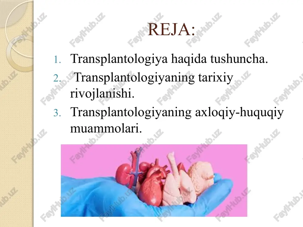 iy me’yorlar. 1987-yildagi butun dunyo tibbiyot assotsiasiyasining “inson organlarini transplantatsiya qilish to’g’risida”gi deklaratsiyasi; 1989-yilda gong kongda o’tlkazilgan 41-butun dunyo tibbiyot assambleyasining “fetal to'qima transplantatsiyasi xolati” nomli xujjati; 1996-yildagi yevropa maslahat boimeditsina va inson huquqlari konvensiyasi; 1992-yil 22-dekabrda qabul qilingan rossiya federatsiyasining “inson organlari va to’qimalarini transplantatsiya qilish to’g’risida”gi qarori. huquqiy me’yorlar. odam savdosi va bola og’irlash kabi muammolarga yechim topish maqsadida 2008-yil turkiyaning istanbul shahrida yig’ilish bo’lib o’tdi va bu yig’ilishda har bir davlat o’zining tibbiyot sohasidagi donor yetishmovchiligini hal qilishi, shuningdek, donor a’zolar bilan ta’minlay olishi kerakligi to’g’risida mulohaza yuritildi. huquqiy me’yorlar. jinoyat kodeksining 135-moddasi «odam savdosi», 137-moddasi «odam o‘g‘irlash» va 133- moddasi «odam tana a’zolari va (yoki) to‘qimalarini olib qo‘yish va transplantatsiya qilish shartlari va (yoki) tartibini buzish» to’g’risida bo’lib, shu sohaga bag’ishlanadi. o’zbekiston respublikasi vazirlar mahkamasining “qarindoshlar o’rtasida buyrak va jigar bo’lagini transplantatsiya qilish tartibi to’g’risida”gi vaqtinchalik nizomi ham transplantologiyaning muammolarini hal qilish va tartibga solishga asoslangan. …