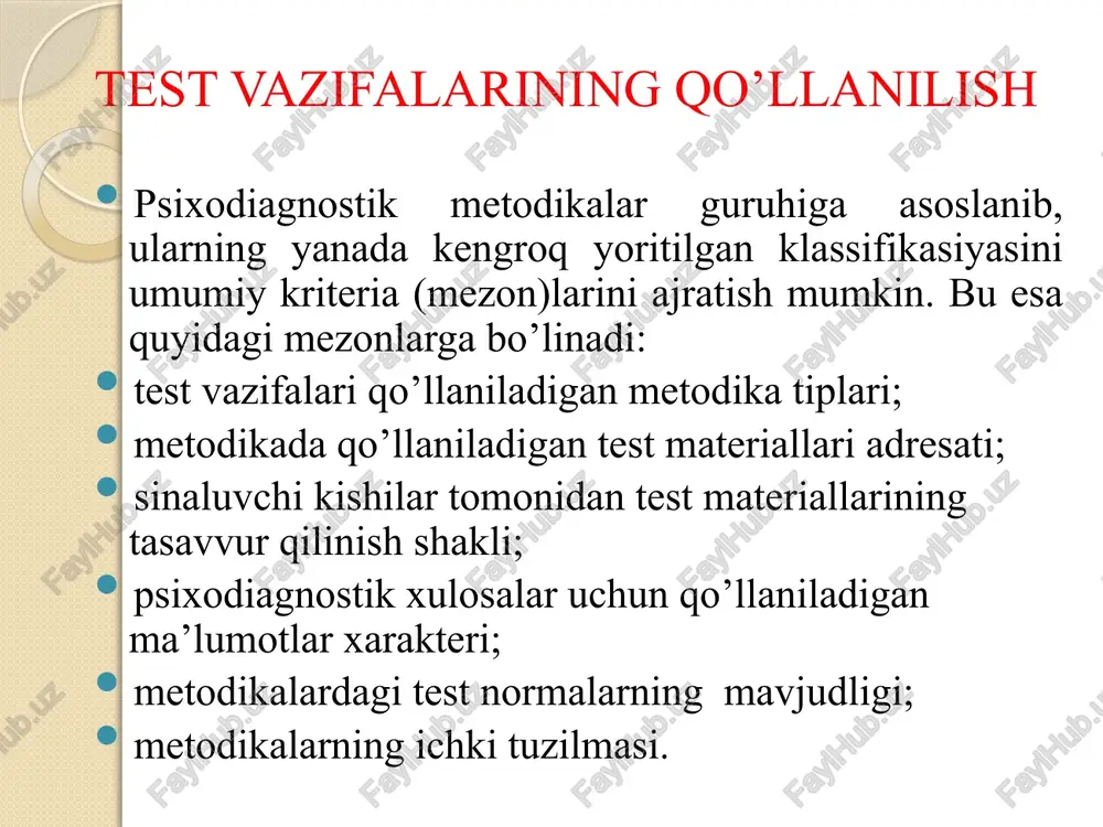 ish. takroriy va yangilanish: testni muntazam ravishda yangilab borish, o'quv dasturi va talablar o'zgarishi bilan testni takomillashtirish. test materiallarining adresati asosida psixodiagnostik metodlar: anglangan (kishi ongini tekshirib boradigan); anglanmagan (kishining anglanmagan ta’sir reaksiyalari)ga bo’linadi. birinchi tipdagi metodikalarga so’rovnomalarni, ikkinchi tipdagisini esa, proyektiv metodlarni kiritish mumkin. test materiallarining adresati test materiallarining adresati – bu testlardan foydalanadigan yoki ulardan o'tadigan shaxslar yoki guruhlar. ular quyidagi toifalarga bo'linadi: o'quvchilar: maktab, kollej yoki universitet talabalari, o'z bilimlarini baholash maqsadida testlarni o'tkazadilar. o'qituvchilar: o'quv jarayonini tashkil etuvchi va natijalarni baholovchi shaxslar, testlarni tayyorlaydilar va natijalarni tahlil qiladilar. tashkilotlar: ta'lim muassasalari yoki ish beruvchilar, xodimlarining bilim va ko'nikmalarini baholash uchun testlardan foydalanadilar. o'rganish tashkilotlari: ta'lim dasturlarini ishlab chiquvchi va amalga oshiruvchi tashkilotlar, test materiallarini o'z dasturlarida qo'llaydilar. ota-onalar: bolalarining bilim darajasini tushunish uchun test natijalaridan foydalanishlari mumkin. psixologlar va mutaxassislar: psixologik va akademik testlarni o'tkazish orqali shaxsning qobiliyatlarini va kuchli tomonlarini aniqlash uchun. sinaluvchi kishilarning test …