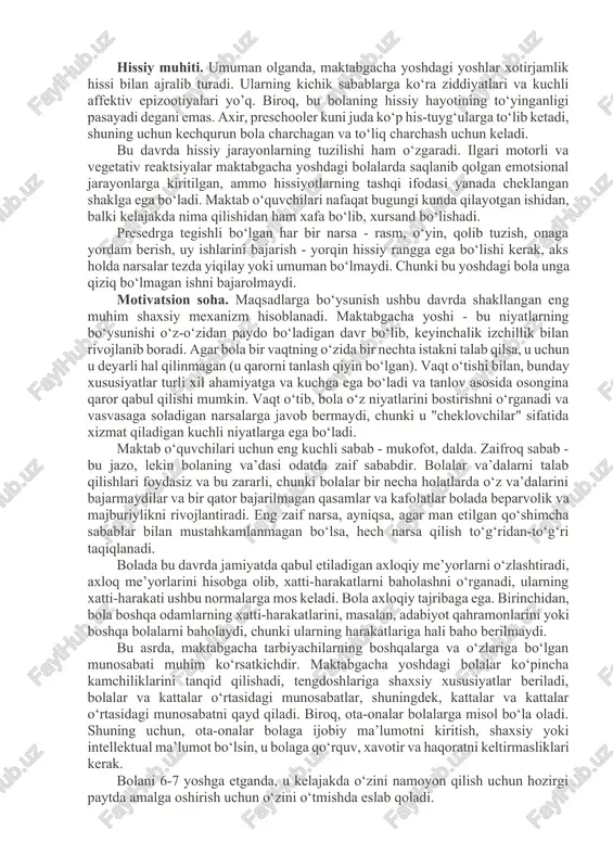 gan davr. maktabgacha yoshdagi bolalar o‘zlarining psixologik rivojlanish xususiyatlariga ega. yurish boshlaganida, bola juda ko‘p kashfiyotlar qiladi, xonada, ko‘chada, bolalar bog‘chasida joylashgan narsalar bilan tanishadi. turli narsalarni yig‘ish, ularni o‘rganish, mavzudan kelib chiqqan tovushlarni tinglash, bu ob’ektning qaysi fazilatlari va xususiyatlari borligini biladi. ushbu davrda bolaning ingl. “figurativ” va ingl. “effektiv” fikrlash shakllari yaratilgan. 5-6 yoshligida bola, shimgich kabi, barcha ma’lumotlarni so‘radi. olimlar ushbu yoshlik davrida bolaning bu ma’lumotni esga olishini, bundan keyin u hayotda hech qachon eslamasligini isbotladi. bola ufqlarini kengaytira oladigan har qanday narsaga qiziqish uyg‘otadigan davrdir va bu uning atrofidagi dunyoni qo‘llab-quvvatlaydi. hissiy muhiti. umuman olganda, maktabgacha yoshdagi yoshlar xotirjamlik hissi bilan ajralib turadi. ularning kichik sabablarga ko‘ra ziddiyatlari va kuchli affektiv epizootiyalari yo’q. biroq, bu bolaning hissiy hayotining to‘yinganligi pasayadi degani emas. axir, preschooler kuni juda ko‘p his-tuyg‘ularga to‘lib ketadi, shuning uchun kechqurun bola charchagan va to‘liq charchash uchun keladi. bu davrda hissiy jarayonlarning tuzilishi ham …