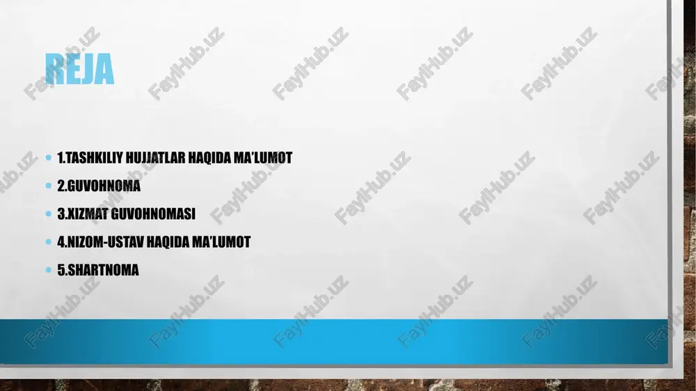 i guvohnomasi xodim zimmasiga vaqtida yuklatilgan xizmat vazifasini bajarishga vakolat beradi. uning zaruriy qismlari: 1. hujjat nomi (xizmat safari guvohnomasi.) 2. guvohnoma berilgan shaxsning familiyasi, ismi va otasining ismi. 3. guvohnoma beruvchi tashkilotning nomi. 4. boriladigan joylar (shahar yoki boshqa aholi manzillari) va tashkilotlar nomlari. 5. xizmat safari muddati (necha kunligi ko‘rsatiladi, dam olish kunlari, borish va kelish kunlari ham shu muddatga kiritiladi). 6. xizmat safariga asos bo‘lgan buyruq yoki farmoyish tartib raqami, sanasi. 7. guvohnomaning orqa tomonida xizmat safarida bo‘lgan joylar (shahar va muassasa nomlari) va u yerdan jo‘nab ketilgan vaqtlar qaydi (muhr va imzo bilan tasdiqlanadi). tashkiliy hujjatlar yo‘riqnoma yo‘riqnoma matni bo‘limlardan tarkib topadi, bo‘limlar modda va bandlarga bo‘linishi mumkin. yo‘riqnoma, odatda, “umumiy qoida” deb ataladigan kirish qismidan boshlanadi. unda yo‘riqnomaning maqsadi, rioya qilish doirasi, foydalanish tartibi va boshqa masalalar ko‘rsatiladi. matnning asosiy qismi aniq ma’lumot beruvchi xususiyatga ega bo‘ladi. bunda “lozim”, “kerak”, “zarur”, “yo‘l qo‘yilmaydi”, “mumkin emas” …