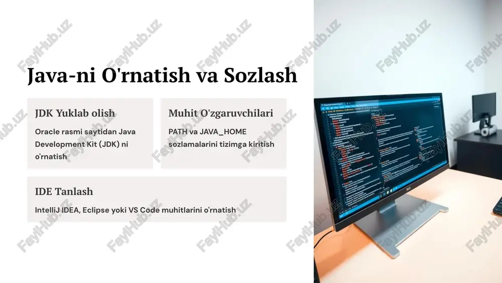 de-larni to'g'ri sozlash zarur birinchi dastur hello world bilan boshlash asosiy qadam kirish-chiqish scanner va system.out.println asosiy operatorlar bu bosqichlarni o'zlashtirib, java dasturlashda mustahkam poydevor yaratishingiz mumkin. image1.png image2.png image3.png image4.png image5.png image6.png image7.png image8.png image9.png image10.png image11.png image12.png image13.png