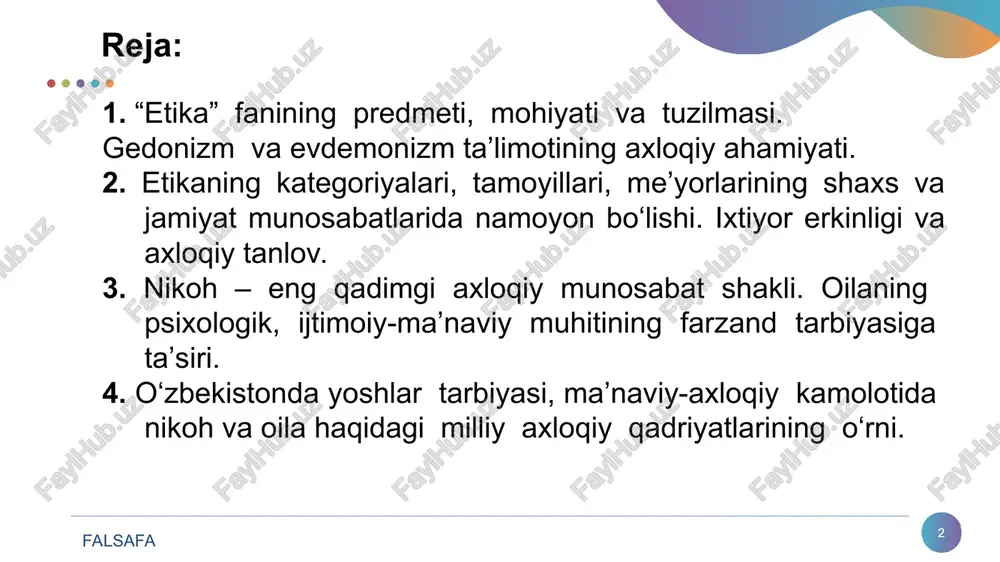 timoiy shaxsga aylantirib, haqiqiy baxtga olib boruvchi fazilat; insonni axloqiy faoliyati tufayli muayyanlashadi, yuzaga keladi. falsafa * falsafa * falsafa * axloq tuzilmasi - falsafa * falsafa * nikoh - oilaning faqat huquqiy asosi bo‘lib, erkak bilan ayolning bir - biriga va bolalariga, ya’ni bir oilaga mansub kishilarning bir - birlari oldida va jamiyat oldida huquq va majburiyatlarini, axloqiy va huquqiy ma’suliyatini belgilaydigan oilaviy ittifoqidir. (fhdyo) nikoh fuqarolik holati dalolatnomalarini yozish bo‘limida tuziladi va rasmiylashtiriladi. * falsafa oila - * er va xotin, ota - onalar bilan bolalar o‘rtasidagi munosabatlardir nikoh va qon-qardoshlik bilan bog‘langan kishilarning tarixan shakllangan ittifoqidir falsafa * 1. abdulla sher. axloqshunoslik. darslik. –t.: o‘fmj, 2010. 2. abu nasr forobiy. fozil odamlar shahri.–t.:yangi asr avlodi, 2016.-318 b. 3. nurmatova m. shaxs kamolotida axloqiy va estetik qadriyatlar uyg‘unligi. / monografiya. – t.: universitet, 2009. 4. pulatova d., ro‘zmatova g., jalolova o‘. axloqshunoslik. o‘quv qo‘llanma.- t.: tdshi, 2013. internet …