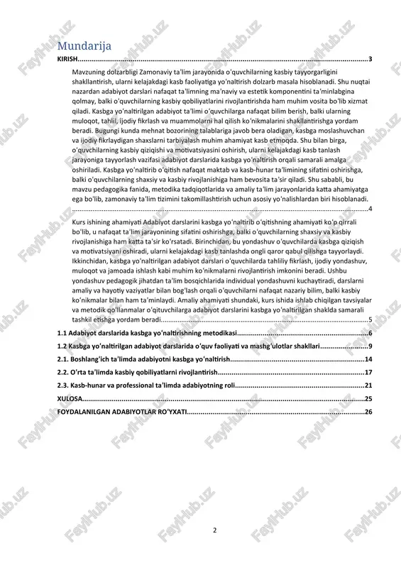 . taʼlim bosqichlarida adabiyot darslarini kasbga yo‘naltirish metodlarini o‘rganish, ularning samaradorligini tahlil qilish va amaliy tavsiyalar ishlab chiqishdir. adabiyot taʼlimining nazariy asoslarini o‘rganish, kasbga yo‘naltirilgan metodlarni aniqlash, maktab va kasb-hunar kollejlaridagi amaliy tajribani o‘rganish hamda o‘quvchilarning kasbga yo‘naltirilgan adabiyotga bo‘lgan qiziqishini aniqlash belgilangan. tadqiqot obyekti sifatida taʼlim jarayoni, predmeti sifatida esa adabiyot darslarida kasbga yo‘naltirish metodlari tanlangan. adabiyotni kasbga yo‘naltirishni zamonaviy pedagogik metodlar bilan bog‘lab, o‘quvchilarning kasbiy qobiliyatlarini rivojlantirishga qaratilgan samarali yo‘nalishlarni ochib beradi. amaliy ahamiyati esa adabiyot darslarini kasbga yo‘naltirilgan shaklda tashkil etish bo‘yicha o‘qituvchilarga tavsiyalar berishdan iborat. [1: o‘zbekiston respublikasi prezidentining “ta’lim sohasini rivojlantirish chora-tadbirlari to‘g‘risida”gi qarori, 2017.] mavzuning dolzarbligi zamonaviy taʼlim jarayonida o‘quvchilarning kasbiy tayyorgarligini shakllantirish, ularni kelajakdagi kasb faoliyatiga yo‘naltirish dolzarb masala hisoblanadi. shu nuqtai nazardan adabiyot darslari nafaqat taʼlimning maʼnaviy va estetik komponentini taʼminlabgina qolmay, balki o‘quvchilarning kasbiy qobiliyatlarini rivojlantirishda ham muhim vosita bo‘lib xizmat qiladi. kasbga yo‘naltirilgan adabiyot taʼlimi o‘quvchilarga nafaqat bilim berish, balki …
