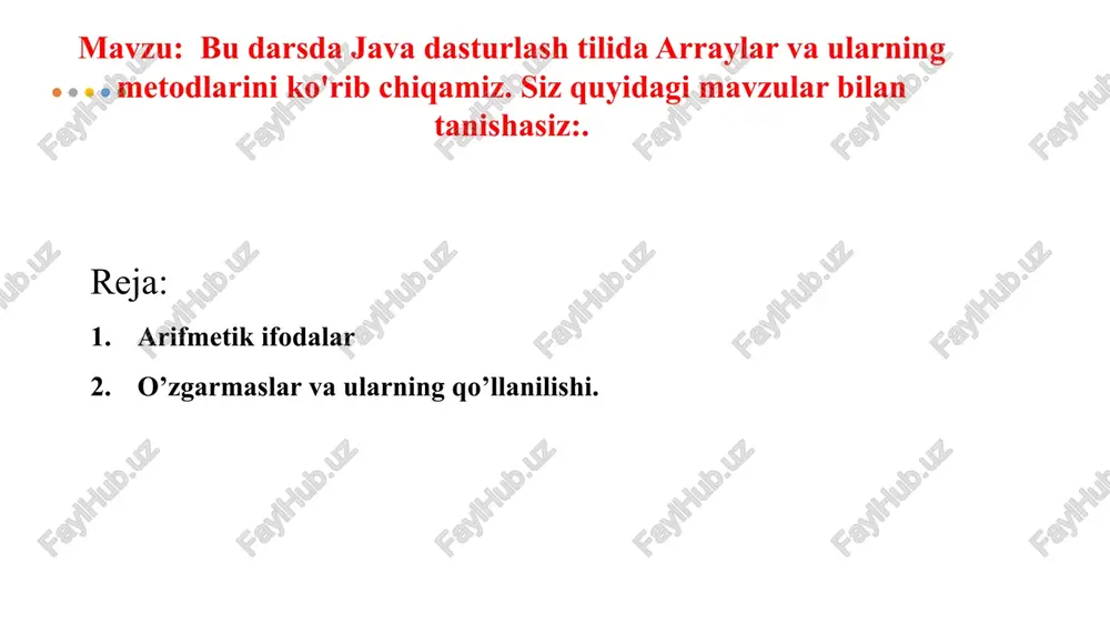 nstanta) haqida hisob (calculus) o‘zgarmas (constant) — bu bir marta qiymat beriladigan va keyinchalik o‘zgartirib bo‘lmaydigan o‘zgaruvchi. java’da o‘zgarmas e’lon qilish uchun final kalit so‘zi ishlatiladi. java’da o‘zgarmas qanday e’lon qilinadi? final int yosh = 18; hisob (calculus) hisob (calculus) hisob (calculus) hisob (calculus) hisob (calculus) image1.png image10.jpeg image3.png image4.svg image5.png image6.svg image7.png image8.svg image9.png image11.png image12.png image13.png image14.png image15.png image16.png image17.png image18.png image19.png image20.png image21.png image22.png image23.png image24.png image25.png image26.png image27.png image28.png image29.png image30.png image31.png image32.png .msftofcthm_background1_fill { fill:#ffffff; } /docprops/thumbnail.jpeg
