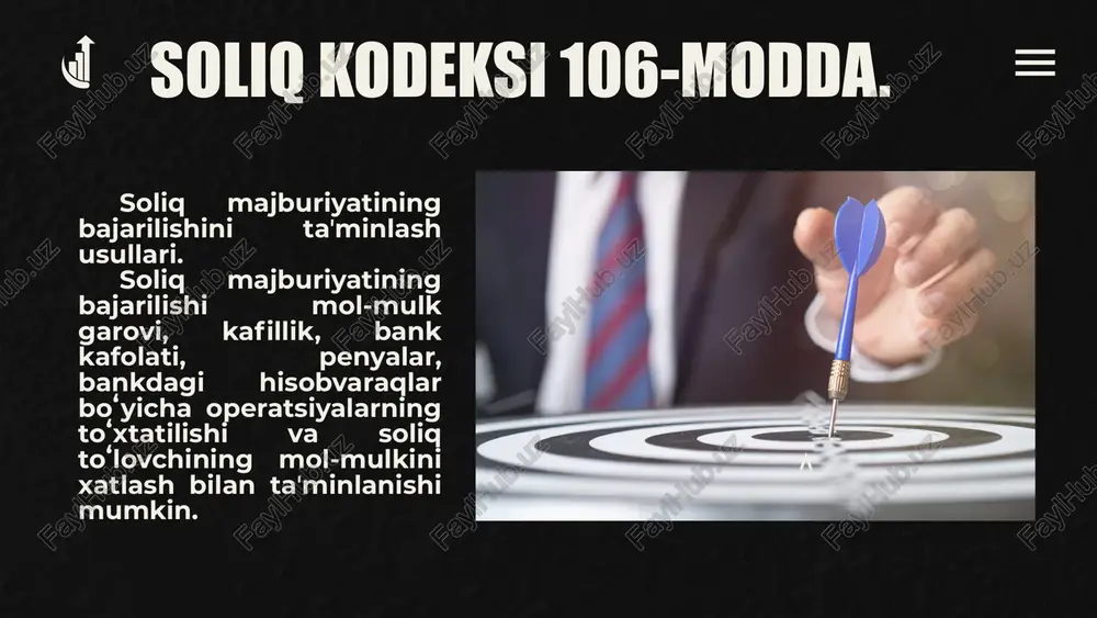 dan eʼtiboran kamida olti oydan keyin tugashi kerak; bank kafolati quyidagi talablarga javob berishi kerak: 4) qaysi summaga berilgan boʻlsa, oʻsha summa kafolat beruvchi tomonidan soliq toʻlovchining soliqni va tegishli penyalarni toʻlash boʻyicha majburiyati, agar ushbu kodeksda boshqacha qoida nazarda tutilmagan boʻlsa, toʻliq hajmda bajarilishini taʼminlashi kerak; 5) kafolat beruvchi tomonidan ushbu bank kafolati boʻyicha pul summasini toʻlash toʻgʻrisidagi talabnoma belgilangan muddatda bajarilmagan taqdirda, soliq organi tomonidan toʻlash majburiyati bank kafolati bilan taʼminlangan summalarni kafolat beruvchidan undirish choralari qoʻllanilishini nazarda tutishi kerak. soliq toʻlovchi tomonidan soliqni toʻlash boʻyicha majburiyatning bajarilishi bank kafolati bilan taʼminlangan soliq belgilangan muddatda toʻlanmagan yoki toʻliq toʻlanmagan taqdirda, soliq organi soliqni toʻlash toʻgʻrisidagi talabnomani bajarish muddati tugagan kundan eʼtiboran besh kun ichida kafolat beruvchiga bank kafolati boʻyicha pul summasini toʻlash haqida talabnoma yuboradi. bank kafolati boʻyicha majburiyat kafolat beruvchi tomonidan u bank kafolati boʻyicha pul summasini toʻlash toʻgʻrisida talabnoma olgan kundan eʼtiboran besh kun ichida bajarilishi …