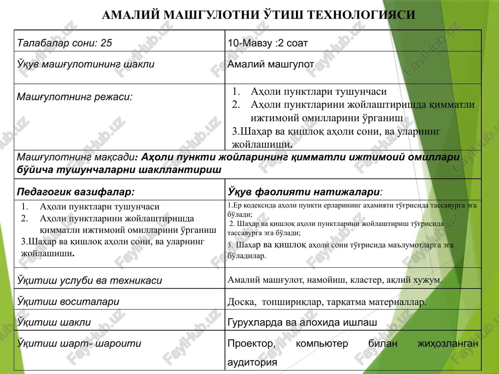 ozlik kodeksi. 2002y . internet va ziyonet saytlari: 1. http:// www. lex.uz aholi - er yuzida yoki uning muayyan hududi, qit'a, mamlakat, tuman, shaharda istiqomat qiluvchi odam, insonlar majmui, ishlab chiqarish va barcha ijtimoiy munosabatlarning asosi va sub'ektidir. shaharlar madaniy va ilmiy markaz bo'lib, ular aholisiing soni, iqtisodi va sanoatining rivojlanganligi, madaniy, ilmiy va o'quv maskanlarining mavjudligiga qarab farqlanadi. qishloqlar-shahar hududiga kirmaydigan, ma'lum aholi soniga ega bo'lgan, qishloq markazlari va ma'lum sanoat ob'ektlari atrofida istiqomat qiluvchi aholining yashash joylaridir. ovullar esa ularga nisbatan kichikroq hajmdagi yashash va turar joylardan iborat aholi punktlaridir. yangi aholi punktlarini joylashtirish hamda mavjud aholi punktlarini rivojlantirish aholi punkti turiga, ijtimoiy-iqtisodiy va shaharsozlik istiqboliga, o'zbekiston respublikasi hududida aholini joylashtirish bosh tarhiga, hududlarni rejalashtirish tarhlari hamda tumanni (tumanlar guruhlarini) rejalashtirish loyihalariga, aholi punktlarining bosh rejalariga, shuningdek bunday punktlarni rejalashtirish va qurish loyihalariga muvofiq ravishda amalga oshiriladi. yangi aholi punktlarini joylashtirish va ularni qimmatli ijtimoiy omillari ijtimoiy-amaliy zonalarga …
