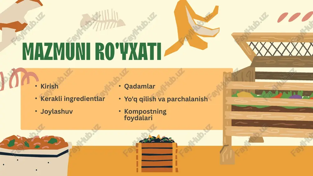 rish va o'simliklarning o'sishini oshirish uchun ishlatilishi mumkin. tuproqni boyitish chiqindilarni kamaytirish eroziyaning oldini olish uglerod sekvestratsiyasi yaxshilangan o'simliklar salomatligi kompostning foydalari kompost qishloq xo'jaligining turli jabhalarida, atrof-muhitning barqarorligi va tuproq salomatligida ko'p foyda keltiradi. keling, ba'zi asosiy afzalliklarni ko'rib chiqaylik: "kompostlash jarayonidagi har bir kichik qadam bizni kelajak avlodlar uchun yanada yashil va barqaror sayyora yaratish maqsadiga yaqinlashtiradi" rahmat va keling, hamkorlikda davom etaylik va yerimizni yaxshiroq kelajak uchun saqlashga hissa qo'shaylik. image5.png image10.svg image6.png image12.svg image7.png image14.svg image1.png image2.svg image2.png image4.svg image3.png image6.svg image4.png image8.svg image19.svg image11.png image21.svg image8.png image9.png image17.svg image10.png image16.png image31.svg image17.png image33.svg image12.png image23.svg image13.png image25.svg image14.png image27.svg image15.png image29.svg image19.png image37.svg image20.png image39.svg image21.png image41.svg image22.png image43.svg image18.png image35.svg image23.png image45.svg image24.png image47.svg image25.png image49.svg image26.png image51.svg image27.png image53.svg image31.png image61.svg image32.png image63.svg image28.png image55.svg image29.png image57.svg image30.png image59.svg image33.png image65.svg image34.png image67.svg /docprops/thumbnail.jpeg