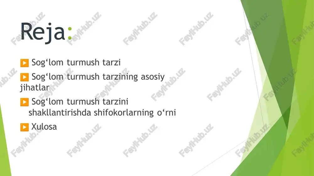 niy faollikning asosiy turlari:1. kundalik harakatlar – yurish, zinadan ko‘tarilish, bog‘ ishlarida ishlash2. sport mashg‘ulotlari – yugurish, suzish, velosiped haydash, futbol, tennis3. mashqlar – ertalabki badantarbiya, fitnes, yoga, raqs kattalar: haftasiga kamida 150 daqiqa o‘rtacha darajadagi yoki 75 daqiqa kuchli jismoniy faollik tavsiya etiladi (masalan, kuniga 30 daqiqa yurish).bolalar va o‘smirlar: kuniga kamida 60 daqiqa faol harakat. jismoniy faollikning foydalari:yurak va qon-tomir tizimini mustahkamlaydiog‘irlikni me’yorda saqlaydistress va asabiylikni kamaytiradiqon bosimini tartibga soladiqandli diabet, yurak kasalliklari, osteoporoz kabi kasalliklarning oldini oladienergiya va ishchanlikni oshiradi zararli odatlardan voz kechish — bu inson sog‘lig‘iga salbiy ta’sir ko‘rsatadigan xatti-harakatlar va odatlardan qutulish jarayonidir. bu sog‘lom turmush tarzining ajralmas qismidir, chunki zararli odatlar ko‘plab kasalliklarning asosiy sababi hisoblanadi.eng keng tarqalgan zararli odatlar: chekisho‘pka saratoni, yurak kasalliklari, nafas olish muammolari va erta qarish xavfini oshiradi. alkogol ichimliklarini iste’mol qilishjigar kasalliklari, yurak muammolari, ruhiy salomatlik buzilishi va ijtimoiy muammolarga olib keladi. giyohvandlikjiddiy sog‘liq muammolari, psixologik qaramlik, oila …