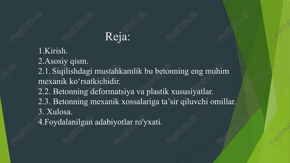 sh sinovlarida beton nuri ikki nuqtada tayanchga qo‘yilib, markazdan yuklanadi. egilishdagi mustahkamlik siqilishdagiga qaraganda past, ammo cho‘zilishdagidan yuqori bo‘lishi mumkin. elastiklik moduli (e) elastiklik moduli — bu beton yuk tushganda qanday deformatsiyalanishini ko‘rsatadi. formulasi: σ — stress (mpa) ε — nisbiy deformatsiya (mm/m) deformatsiya va plastik xususiyatlar beton yuk ostida dastlab elastik deformatsiyalanadi (yuk olib tashlansa, shakli qaytadi). agar yuk oshsa — plastik deformatsiya bosqichi boshlanadi (qaytmas shakl o‘zgarishi). yuk haddan oshsa — yorilish va buzilish sodir bo‘ladi. mustahkamlikning vaqt bo‘yicha o‘zgarishi betonning mustahkamligi vaqt o‘tishi bilan ortadi. 28 kun — standart baholash muddati (normal sharoitda). 7 kunda ≈ 60–70 % mustahkamlikka erishadi. 28 kunda ≈ 100 % loyihaviy mustahkamlikka erishadi. keyingi oy va yillarda esa asta-sekin yana ortadi. betonning mexanik xossalariga ta’sir qiluvchi omillar sement markasi va miqdori suv-sement nisbati (w/c) zichlik va siqilish sifati qotish sharoiti (namlik, harorat) qo‘shimchalar va armatura ishlatilishi beton sinfi siqilishga chidamlilik (mpa) oldingi …