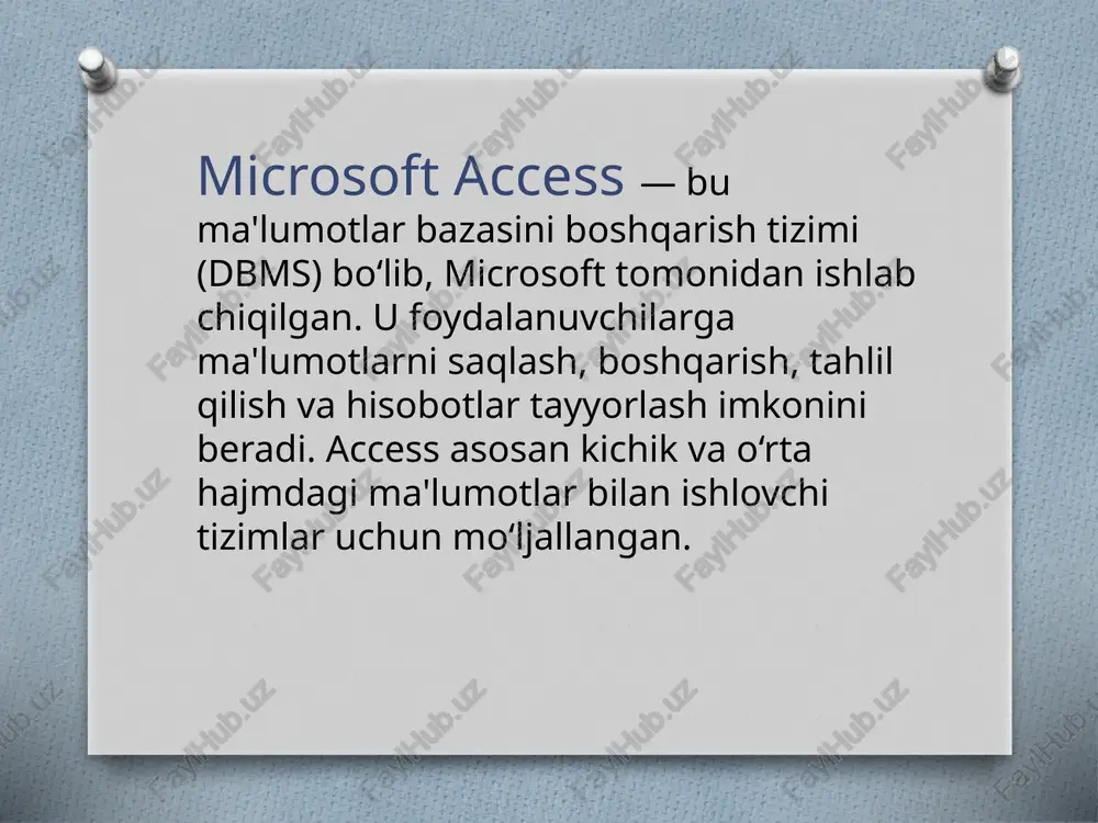 atish ham shu oynada amalgam oshiriladi. jadvallar ma’lum bir narsa haqida ma’lumotlarni saqlash uchun foydalanuvchi tomonidan yaratiladi – yagona axborot ob’yektdagi ma’lumotlar modeli predmetli sohasi. jadval qator va ustunlardan iborat. har bir ustun bir xarakteristik axborot ob’yekt predmet sohasi. bu erda bir axborot ob’yekt nusxasi haqidagi ma’lumotlar saqlanadi. access ma’lumotlar bazasi o‘ziga 32768 tagacha ob’yekt qabul qilishi mumkin (formalar, hisobotlar va hokazo). bir vaqtning o‘zida 2048tagacha jadval ochsa bo‘ladi. jadvallarni quyidagi ma’lumotlar bazasidan import qilsa bo‘ladi. masalan dbase, foxpro, paradox nizimlaridan, boshqa dasturlar va electron jadvallardan ham. so‘rovlar bog‘langan jadvallarda kerakli ma’lumotlarni tanlash uchun kerak. so‘rovning javobi tanlangan jadvaldagi so‘ralgan narsani ko‘rsatadi. so‘rovda jadvalni qaysi satrini tanlashni ko‘rsatish mumkin. so‘rovmi qbe so‘rovlar yordamida shakllash mumkin. ma’lumotlar sxemasi qaysi satr bilan jadval bog‘langanligini ko‘rsatadi, qaysi yo‘l bilan ular bog;lanishi, bog‘langandan keyin tekshirish kerak kerakmasligini va jadvallarda kalitlarni o‘zqarishini ko‘rsatadi. ma’lumotlar shemasi faqat server ma’lumotlar bazasi bilan ishlayatganda access ob’yektlar panelida ko‘rinadi. …