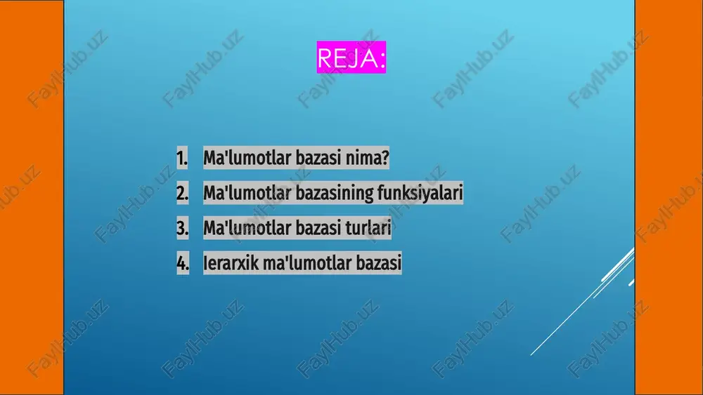ierarxik tizimlar banklar, sug'urta kompaniyalari va yirik korxonalarda keng qo'llaniladi, bu joylarda murakkab ma'lumotlar tuzilmalari mavjud bo'ladi doimiy tarzda. 3 1 2 tarmoqli ma'lumotlar bazasi tarmoqli ma'lumotlar bazasi — ko'p darajali, iyerarxik munosabatlarni aks ettiruvchi model bo'lib, murakkab bog'liqlikni tizimli ko'rinishda saqlash imkonini beradi. bu modelda yozuvlar tugunlar va ularning o'zaro aloqalari bog'lanishlar orqali ifodalanadi, har bir element bir nechta ota tugunga ega bo'lishi mumkin. tarmoqli tuzilma ishlab chiqarish, logistika yoki geografik axborot tizimlarida samarali bo'lib, katta hajmdagi o'zaro bog'langan ma'lumotlarni boshqarishda qo'llaniladi. 3 1 2 relatsion ma'lumotlar bazasi ma'lumotlar bazasi - bu ma'lumotlarni tizimli saqlash va boshqarish tizimidir. ular axborotni tezkor izlash va boshqarishga yordam beradi. relatsion ma'lumotlar bazasi - bu jadval ko‘rinishidagi tuzilmani asos qilgan ma'lumotlar bazasidir. unda ma'lumotlar satr va ustun sifatida ko'rsatiladi. ushbu turdagi bazalarda jadval o‘rtasida aloqalar o‘rnatiladi. bu esa murakkab tuzilmani samarali boshqarishga va ma’lumotni tez topishga yordam beradi. ob'ektga yo'naltirilgan ma'lumotlar bazasi 02 …