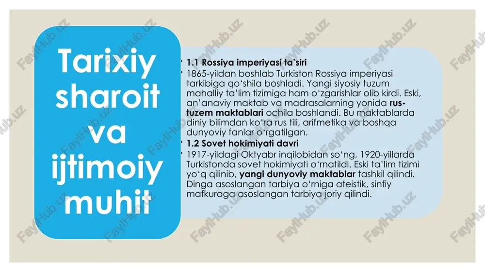 mashhur pedagog va ziyolilar islomxo‘ja yo‘ldoshev, mahmudxo‘ja behbudi, ahmad donish, fitrat kabi olim va pedagoglar jadid maktablari tashkil etish va ta'limni rivojlantirishga katta hissa qo'shganlar. ular asosan rus maktablari tajribasini o‘rganib, o‘z hududlariga moslashtirishga harakat qilishdi. ijtimoiy-siyosiy sharoit va ta’lim tizimi xix asr oxirlarida rossiya imperiyasining turkistonga kirib kelishi bilan bu hududda siyosiy va madaniy jihatdan katta o‘zgarishlar yuz berdi. ruslarning ta'siri ostida turkiston aholisi ta’lim tizimining yangi shakllarini qabul qilishga majbur bo‘ldi. an’anaviy islomiy ta’lim tizimi, ya’ni madrasalar, asosiy o‘rinda edi. madrasalarda asosan diniy bilimlar berilar edi, ya’ni qur’on, hadis, fiqh, arab tili va boshqa islom fanlari. madrasalarda ta’lim usullari asosan yodlashga asoslangan bo‘lib, dunyoviy fanlar va yangi pedagogik metodlar kam joriy qilinar edi. rossiya hukumati tomonidan turkistonda rus maktablari ochila boshladi, bu maktablarda rus tili, fanlar va ma’muriy ta’lim berildi. jadidlar harakati va pedagogik islohotlar xix asr oxiri va xx asr boshlarida turkiston milliy ziyolilari orasida yangi pedagogik …