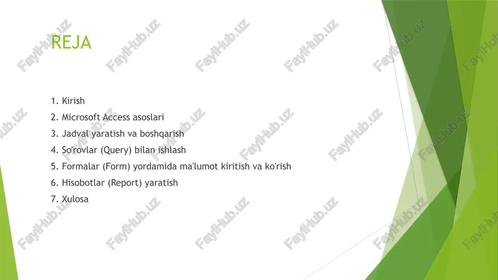 dvalda birlamchi kalit (primary key) bo'lishi kerak, bu har bir yozuvni noyob tarzda aniqlaydi. ma'lumotlar turlari: to'g'ri tanlash muhim microsoft access turli xil ma'lumotlar turlarini qo'llab-quvvatlaydi, masalan: qisqa matn (short text), uzun matn (long text), son (number), sana/vaqt (date/time), valyuta (currency), avtonomerlash (autonumber), ha/yo'q (yes/no), ole ob'ekti (ole object), giperhavola (hyperlink), biriktirma (attachment) va hisoblangan maydon (calculated field). ma'lumot turini to'g'ri tanlash ma'lumotlarning to'g'ri saqlanishini, samarali qidiruvni va hisoblashlarni ta'minlaydi. masalan, telefon raqami uchun "matn" turini, sana uchun "sana/vaqt" turini, pul miqdori uchun "valyuta" turini ishlatgan ma'qul. jadvalni boshqarish: ma'lumotlarni qo'shish, o'zgartirish, o'chirish jadvalga ma'lumotlarni qo'shish, o'zgartirish va o'chirish uchun jadvalni ma'lumotlar rejimida (datasheet view) oching. yangi yozuv qo'shish uchun jadvalning oxiridagi bo'sh satrga ma'lumotlarni kiriting. yozuvni o'zgartirish uchun kerakli maydonga yangi qiymat kiriting. yozuvni o'chirish uchun yozuvni tanlang va "delete" tugmasini bosing. ma'lumotlarni filtrlash va tartiblash orqali jadval ichida kerakli ma'lumotlarni tezda topishingiz mumkin. so'rovlar (query): ma'lumotlarni saralash va …