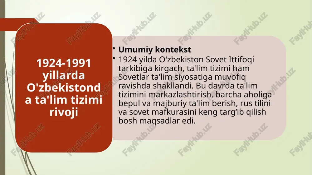 nglik, mehnatga tarbiya berish asosiy vazifalar sifatida ko'rildi. 1960-70-yillarda o'zbek pedagoglari milliy pedagogika an'analarini sovet ta'lim tizimi bilan uyg'unlashtirishga harakat qildilar. pedagogik ilm-fanda o'quv-uslubiy jarayonlarni yaxshilash, yoshlarni zamonaviy texnologiyalar bilan ta'minlash, didaktik yondashuvlarni takomillashtirish bo'yicha tadqiqotlar olib borildi. 1980-yillarda ta'limda individual yondashuv, o'quvchilar qobiliyatini rivojlantirishga e'tibor ko'proq qaratila boshlandi. 1924-1991 yillarda o‘zbekistonda ta’lim tizimi va pedagogik fikrlar rivoji 1. 1920-1930-yillar: ta’limning asoslarini yaratish va sovet ta’lim siyosati ta’limni sovetlashtirish: 1924 yildan keyin o‘zbekiston ssr tarkibida sovet ta’lim tizimining asoslari yotqizila boshlandi. savodsizlikni bartaraf etish, barcha yoshdagi bolalarga bepul ta’lim berish maqsad qilindi. birinchi maktablar ochilishi: milliy maktablar tashkil etildi, o‘zbek tilida darslar olib borish boshlanib, yangi o‘quv materiallari tayyorlandi. rus tilining o‘rni: sovet mafkurasini targ‘ib qilish uchun rus tili ta’limda muhim o‘rin oldi. pedagogika kadrlarini tayyorlash: o‘qituvchilar uchun pedagogika institutlari, maktablar tashkil qilindi. savodsizlikka qarshi kampaniyalar: yoshlarni va kattalarni o‘qitish uchun ko‘plab kurslar ochildi. 1930-1950-yillar: ta’limning markazlashuvi va ideologik qattiqlik …