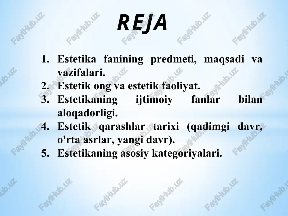 taraqqiyotni go'zallashtirish, dizayn va texnika estetikasining zamonaviy ko'rinishlarini ilmiy asoslash yoshlarda san'at, badiiy adabiyot va ijod jarayonini to'laqonli xis etish ko'nikmalarini shakllantirish va mustahkamlash; san'at va madaniyatdagi “ommaviychilik”ning salbiy ko'rinishlarini ijtimoiy hayotga ta'sirini ochib berish; san'atda, san'atkor shaxsida, dizayn va ishlab chiqarish sohalarida yuksak g'oyalarning estetik in'ikosini yoritib berish; insonlararo muloqotda estetik munosabatni to'g'ri yo'naltirish, sog'lom turmush tarzi bilan bog'liq jarayonlarning estetik xususiyatlarini to'laqonli aks ettirish va ilmiy asoslash; yoshlarda estetik boy dunyoqarashni hosil qilish, ularning estetik madaniyatini va ijodiy fikrlashlarini shakllantirish. bugun estetika fani oldida ulkan vazifalar turibdi. ya'ni biz qurayotgan fuqarolik jamiyatining a'zosi har jihatdan kamol topgan, yuksak nafis did egasi bo'lmog'i lozim. hozirda ishlab chiqarishni, qurulishni umuman, sanoatning barcha sohalarini zamonaviy dizaynsiz tasavvur etib bo'lmaydi. shu bois yoshlarning nafosat tarbiyasiga alohida e'tibor berish – zamonning dolzarb talabi bo'lib qolmoqda. estetik ong - ongning yuksak shakli (bosqichi) bo'lib, unda borliqdagi narsa, hodisalar, umuminsoniy g'oyalar ichki his-tuyg'uli tarzda idrok …