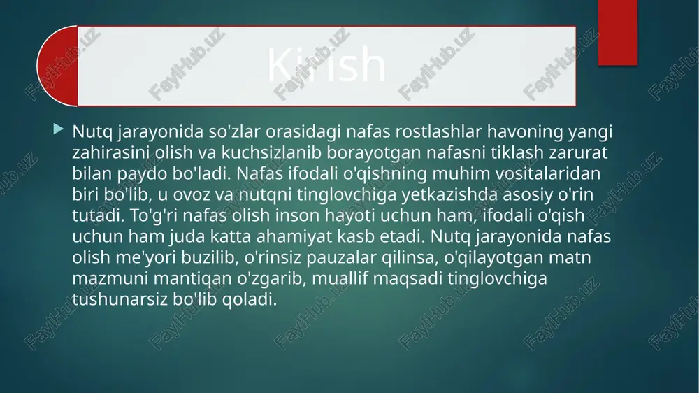 li nafas olish. bunday nafas olganda o'rta qovurg'alar, biqin harakatga keladi, ya'ni ular kengayadi. �3. aralash nafas olish, ya'ni pastki qovurg'alar, diafiragma ishtirokida nafas olish. bunda ko'krak qafasi va kiftlar ko'tarilmaydi. so'zlaganda ravon, hovliqmasdan tabiiy nafas olish, uni kerakli ohang talabiga ko'ra sarflash zarur s.inomxo'jayev, a.zunnunovlar tomonidan yaratilgan “ifodali o'qish asoslari” o'quv qo'llanmasida nafas faoliyatini yaxshilash uchun quyidagi besh xil nafas mashqi tavsiya qilinadi: 1. kontrol mashq. bu nafasning diafragmal-aralash usulda to'g'ri olinishini nazorat qilish maqsadida o'tkaziladigan mashqdir. uni o'tkazishda tik va erkin turib, ikki qo'l bilan ikki (oxirgi) qovurg'ani bosib, ohista, chuqur nafas olinadi va yana asta-sekin nafas chiqariladi. bunda ko'krak qafasi va yelka ko'tarilmaydi. chuqur nafas yetimcha qovurg'a ustiga qo'yilgan qo'lni ikki yonga ko'taradi. mashq yaxshi o'zlashtirilgunga qadar muntazam davom ettiriladi. 2. qorinni tortish mashqi. bu mashq chuqur nafas olib, o'pka havo bilan to'ldirilgach, nafasni chiqarmay, “ushlab” turgan holda, qorinni yuqoriga tortish mashqidir. mashq qorinni tortib turish ko'nikmasi …