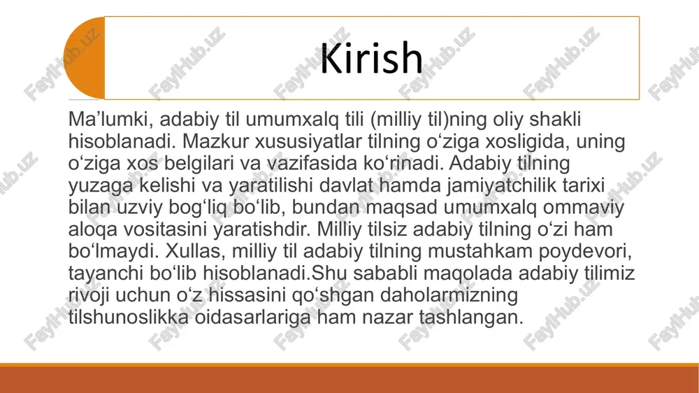 m bog'liq bo'lib, o'zbekiston hududida minglab yillar davomida turli sulolalar tomonidan o'rnatilgan siyosiy tuzumlar, ma'naviy va mafkuraviy o'zgarishlar o'zbek tilida, albatta, o'z izini qoldirgan. nutq madaniyati haqidagi amal qilgan talab va tasavvurlar adabiy til paydo bo'lgunga qadar va adabiy til paydo bo'lgandan keyingi davr, ya'ni adabiy til bilan bog'liq bo'lgan nutq madaniyati tasavvurlaridan tubdan farq qiladi. nutq madaniyati, haqiqatan, adabiy til va uning normalari bilan bog'liqdir. ma'lumki, adabiy til umumxalq tili (milliy til)ning oliy shakli hisoblanadi. mazkur xususiyatlar tilning o'ziga xosligida, uning o'ziga xos belgilari va vazifasida ko'rinadi. adabiy tilning yuzaga kelishi va yaratilishi davlat hamda jamiyatchilik tarixi bilan uzviy bog'liq bo'lib, bundan maqsad umumxalq ommaviy aloqa vositasini yaratishdir. adabiy tildan rasmiy davlat tili sifatida foydalanish bu tilning ijtimoiy-siyosiy, rasmiy sohalar va yozishmalar,idoraviy-hujjatchilik ishlari, diplomatik aloqalar, ommaviy axboroot vositalari, targ'ibot va tashviqot yuritish, ilmiy va badiiy nashrlar, teatr va kino, maorif va tarbiya, madaniyat va ma'naviyat kabi ko'p yo'nalishlarining rivojlanishiga …
