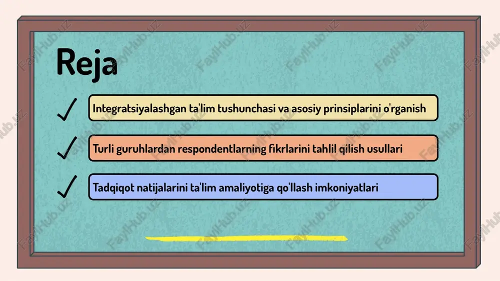 tahlil qilish muhimdir. usullar va ularning afzalliklari so'rovnomalar, intervyular va fokus-guruhlar — ma'lumot yig'ishning samarali usullari. har biri ma'lumotlarni to'plashda o'ziga xos afzalliklarga ega. so'rovnomalar katta guruhlar uchun qulay, lekin chuqurlik kamroq. intervyular esa batafsil ma'lumot beradi, ammo vaqt va resurs talab qiladi. tahlil natijalari va ularning ta'limga ta'siri olingan natijalar: respondentlarning fikrlari va ularning ta'lim sifatiga ta'siri haqida ma'lumotlar. bu fikrlar ta'lim jarayonini yaxshilash uchun asos bo'ladi. tahlil natijalarining amaliyotga qo'llanilishi: yangi metodlar, yondashuvlar ishlab chiqish va muammolarni hal qilishda foydalanish imkoniyatlari haqida fikrlar. o'zgarishlar va takliflar: ta'lim jarayonini optimallashtirish uchun kelajakdagi tavsiyalar va ilg'or yechimlar. bu fikrlar rivojlanishni ta'minlaydi. tadqiqot natijalari va ta'lim amaliyoti tadqiqot natijalari ta'lim amaliyotiga ijobiy ta'sir ko'rsatadi. ular yangi pedagogik yondashuvlarni ishlab chiqishga yordam beradi. natijalarni amaliyotga qo'llash imkoniyatlari keng. bu o'quv jarayonida innovatsiyalarni joriy qilish va ta'lim sifatini oshirish imkonini beradi. respondentlarning fikrlarini amaliyotga tatbiq etishda fikrlarni tahlil qilish va moslashtirish muhim qadamlar …