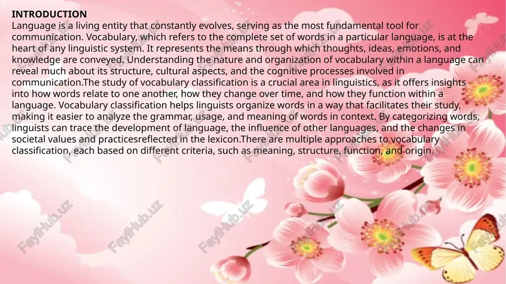 usage, and meaning of words in context. by categorizing words, linguists can trace the development of language, the influence of other languages, and the changes in societal values and practicesreflected in the lexicon.there are multiple approaches to vocabulary classification, each based on different criteria, such as meaning, structure, function, and origin. chapter i. general concepts and theoretical foundations of vocabulary classification definition of vocabulary and lexicon in the study of language, two fundamental terms that often come up in relation to words and their classification are vocabulary and lexicon. while these terms are sometimes used interchangeably, they have distinct meanings and play different roles in the understanding of language. defining each term clearly is crucial for the subsequent discussions on vocabulary classification and its significance in linguistics. vocabularyvocabulary refers to the complete set of words available in a language, used by speakers and writers for communication. it is not just …