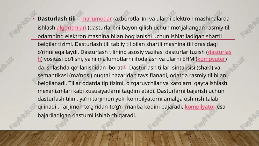 ayta ishlash xatolarni boshqarishni osonlashtiradi, lekin ishlash xarajati. dasturlash tili nazariyasi – bu dasturlash tillarini loyihalash, amalga oshirish, tahlil qilish, tavsiflash va tasniflashni oʻrganadigan kompyuter fanining kichik sohasi . taʼriflar dasturlash tillari tabiiy tillardan shu bilan farq qiladiki, tabiiy tillar odamlar oʻrtasidagi oʻzaro aloqa uchun ishlatiladi, dasturlash tillari esa odamlarga koʻrsatmalarni mashinalarga etkazish uchun moʻljallangan.iqtibos kerak boʻladi. kompyuter tili atamasi baʼzan „dasturlash tili“ bilan bir-birining oʻrnida ishlatiladi. biroq bu atamalardan foydalanish mualliflar orasida farq qiladi. bir foydalanishda dasturlash tillari kompyuter tillarining kichik toʻplami sifatida tavsiflanadi. xuddi shunday, „kompyuter tili“ atamasi „dasturlash tili“ atamasidan farqli ravishda hisoblashda ishlatiladigan, lekin dasturlash tillari hisoblanmaydigan tillarni tavsiflash uchun ishlatilishi mumkin [ iqtibos keltirish kerak – masalan, belgilash tillari. baʼzi mualliflar „dasturlash tili“ atamasini turingning toʻliq tillari bilan cheklaydilar. koʻpgina amaliy dasturlash tillari [[turing] toʻliq boʻlib, ular qaysi dasturlarda hisoblashi mumkinligi bilan tengdir. yana bir foydalanish dasturlash tillarini mavhum mashinalarni dasturlash uchun nazariy konstruktsiyalar va …