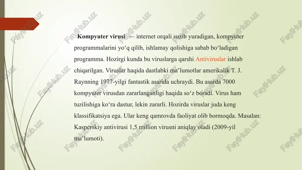 er virusi o'lchami bo'yicha katta bo'lmagan, maxsus yozilgan dasturdan iborat bo'lib, u uzini boshqa dasturlarga «yozib qo'yishi», shuningdek, kompyuterda turli noxush amallarni bajara olishi mumkin. bunday dastur ishlashni boshlaganda dastlab boshqaruvni virus oladi. virus boshqa dasturlarni topadi va unga «yuqadi», shuningdek, qandaydir zararli amallarni (masalan, diskdagi fayl yoki fayllarning joylashish jadvalini buzadi, tezkor xotirani «ifloslaydi» va x.k.) bajaradi. virus o'ziga tegishli amallarni bajarib bo'lgandan so'ng boshqaruvni o'zi joylashgan dasturga uzatadi. viruslarni turkumlanishi kompyuter viruslarini quyidagi guruxlarga ajratish mumkin: > diskning yuklanish sektorlarini buzadigan yuklanish viruslari; > bajariladigan fayllar — com, exe, sys, bat fayllarini buzuvchi fayl viruslari; > diskning yuklanish sektora va bajariladigan fayllarni buzadigan yuklanish fayla viruslari; > stels (stealth) — ko’rinmas viruslar; > microsoft word muxarriri yordamida xosil qilingan ma’lumotli fayllarni yozuvchi — makrobuyruk viruslari. kompyuter virusining ko’p ta’riflari mavjud. birinchi ta’rifni 1984 yili fred koen bergan: "kompyuter virusi - boshqa dasturlarni, ularga o’zini yoki o’zgartirilgan. nusxasini kiritish …