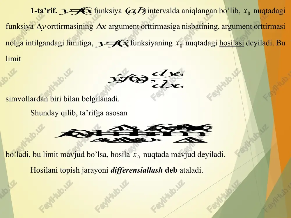 ishining tezligini ifodalaydi. . murakkab funksiya hosilasi va hosilalar jadvali 1). agar ) (u f y  , ) (x u   , ya’ni   ) (x f y   murakkab funksiya bo’lsa, ) (u f y  funksiyaning x o’zgaruvchi bo’yicha hosilasi u u f y      ) ( bo’ladi. murakkab funksiya hosilasi va hosilalar jadvali 1). agar ) (u f y  , ) (x u   , ya’ni   ) (x f y   murakkab funksiya bo’lsa, ) (u f y  funksiyaning x o’zgaruvchi bo’yicha hosilasi u u f y      ) ( bo’ladi. agar ) (x f y  va ) (y x   lar o’zaro teskari funksiyalar bo’lsa, ) ( 1 ) ( y x f     bo’ladi. 2). differensiallash qoidalarini eslatib o’tamiz: x erkli o’zgaruvchi, …