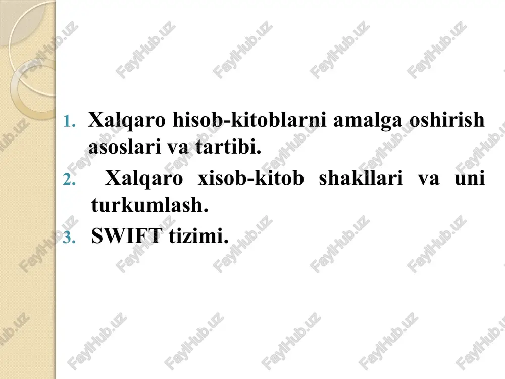 hbilarmonlik mavqei, vakil-banklar tizimiga bevosita bog’liqdir. xalqaro hisob-kitoblar xolati quyidagi faktorlarga (omillarga) asoslanadi: jahon iqtisodiyotining globolizatsiyasi, davlatlar o'rtasidagi siyosiy iqtisodiy munosabat, valyuta qonunchiligi, xalqaro savdo qoidalari va udumlari, bank amaliyoti, xalqaro savdo shartnomalari shartlari, kredit bitimlari shartlari. xalqaro hisob-kitoblar valyutasi xalqaro xisob kitoblarda asosan rezerzv valyutalar sifatida qabul qilingan valyutalardan foydalanadi. zamonaviy bosqichda aqsh dollari va evro xalqaro hisob kitoblar valyutasi bo'lib hisoblanadi. amaliyotda yuan ham bugungi kunda xalqaro hisob kitoblarda keng qo'llanilmoqda. sdr xvf bilan amalga oshiriladigan xalqaro hisob kitoblarda qo'llaniladi xalqaro hisob-kitoblar o'ziga hos jihatlari turli valyutalarda amalga oshiriladi ekporter, importer va banklar hisob kitob asosida xalqaro savdo operatsiyalarni amalga oshirishda o'zaro xuquqiy munosabatga kirishadilar, milliy qonunchilik va xalqaro bank qoidalarga asosan nazorat qilinadi tijorat va moliyaviy xujjatlar asosida amalga oshiriladi tijorat banklarining xalqaro hisob-kitoblarni amalga oshirishda: avvalo tijorat banklari o'zlarining mijojlariga xalqaro hisob-kitoblarni amalga oshirish uchun korrespondent schetlar ochadi bu schetlarda mijozlar hisob kitoblari erkin konvertatsiyalanadigan valyutada …