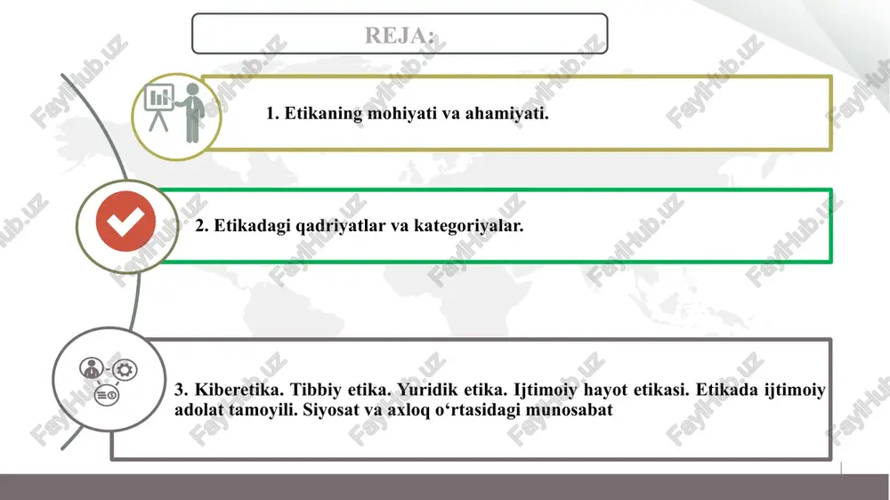 ilm, bilim, dunyoqarash, idrok va iymon insonning xulq-atvorida o‘ziga xos tarzda aks etai. 1 axloq: axloqshunoslik axloqning kelib chiqishi va mohiyatini, kishining jamiyatdagi axloqiy munosabatlarini o‘rganadi. «axloq« so‘zi arabchadan olingan bo‘lib, insonning muomala va ruhiy xususiyatlari majmuini, fe’lini, tabiatini anglatadigan «xulq» so‘zining ko‘plik shaklidir. inson fe’l-atvori va xatti-harakatining eng qamrovli qismini bildiradi. «axloq« iborasi ikki xil ma’noga ega: umumiy tushuncha sifatida u fanning predmetini anglatadi, axloqni umumiy tushuncha sifatida, doira shaklida aks ettiradigan bo‘lsak, doiraning eng kichik qismini odob, kattaroq qismini - xulq, eng qamrovli qismini axloq egallaydi. i “etika” fanining predmeti, mohiyati va tuzilmasi. axloqni umumiy tushuncha sifatida odob - inson haqida yoqimli taassurot uyg‘otadigan, lekin jamoa, jamiyat va insoniyat hayotida burilish yasaydigan darajada muhim ahamiyatga ega bo‘lmaydigan, milliy urf-odatlarga asoslangan chiroyli xatti-harakatlar. xulq - oila, jamoa, mahalla miqyosida ahamiyatli bo‘lgan, ammo jamiyat va insoniyat hayotiga sezilarli ta’sir ko‘rsatmaydigan yoqimli insoniy xatti-harakatlarning majmui. axloq - jamiyat, zamon, insoniyat tarixi …